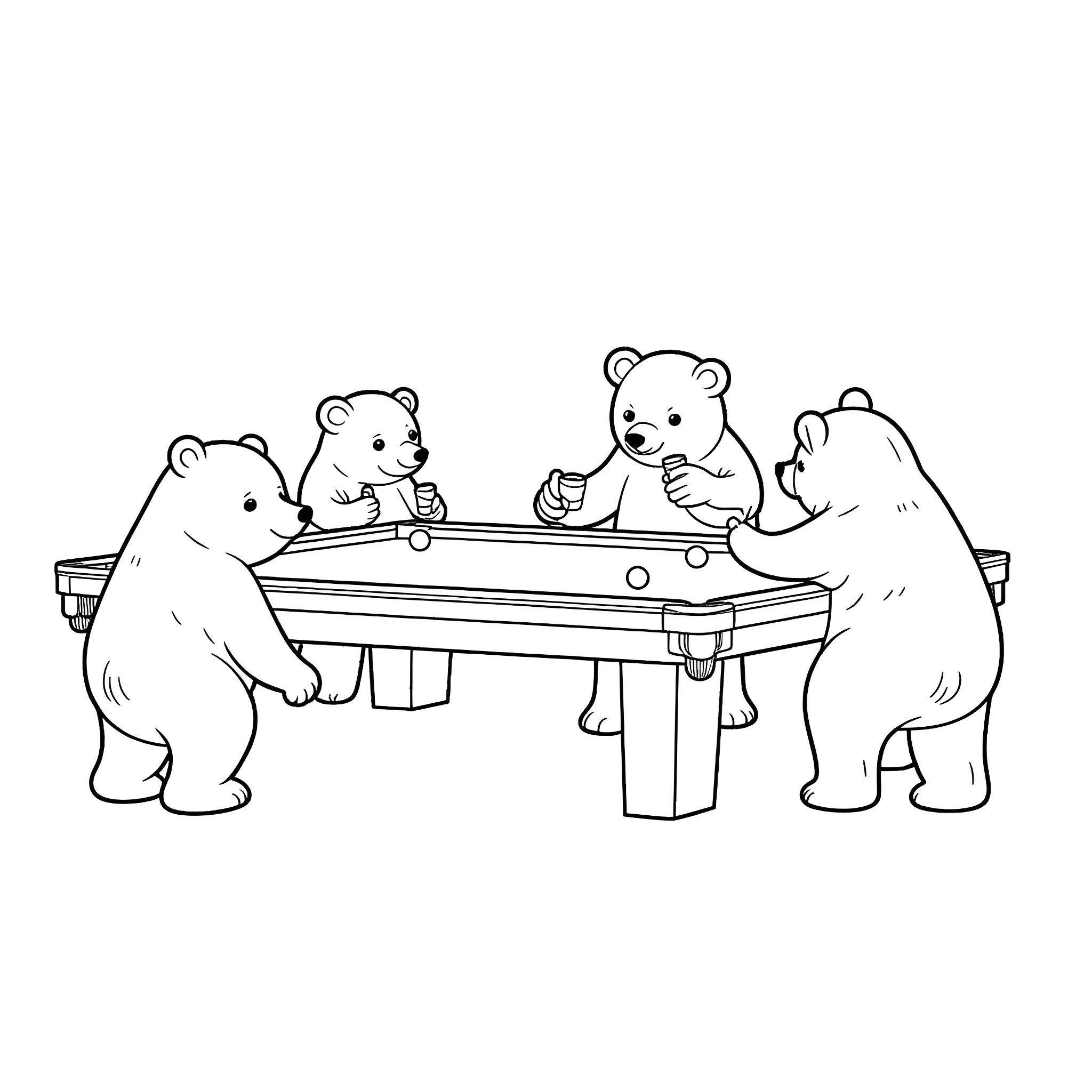 Bear friends playing pool together Coloring Page (free black-and-white line drawing printable PDF for all, from beginners to advanced learners, including children, teens, adults, and seniors)