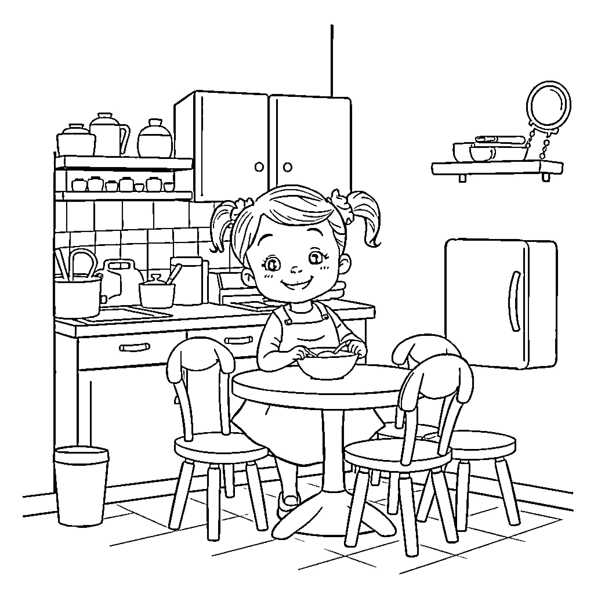 Girl enjoying a meal in the kitchen Coloring Page (free black-and-white line drawing printable PDF for all, from beginners to advanced learners, including children, teens, adults, and seniors)