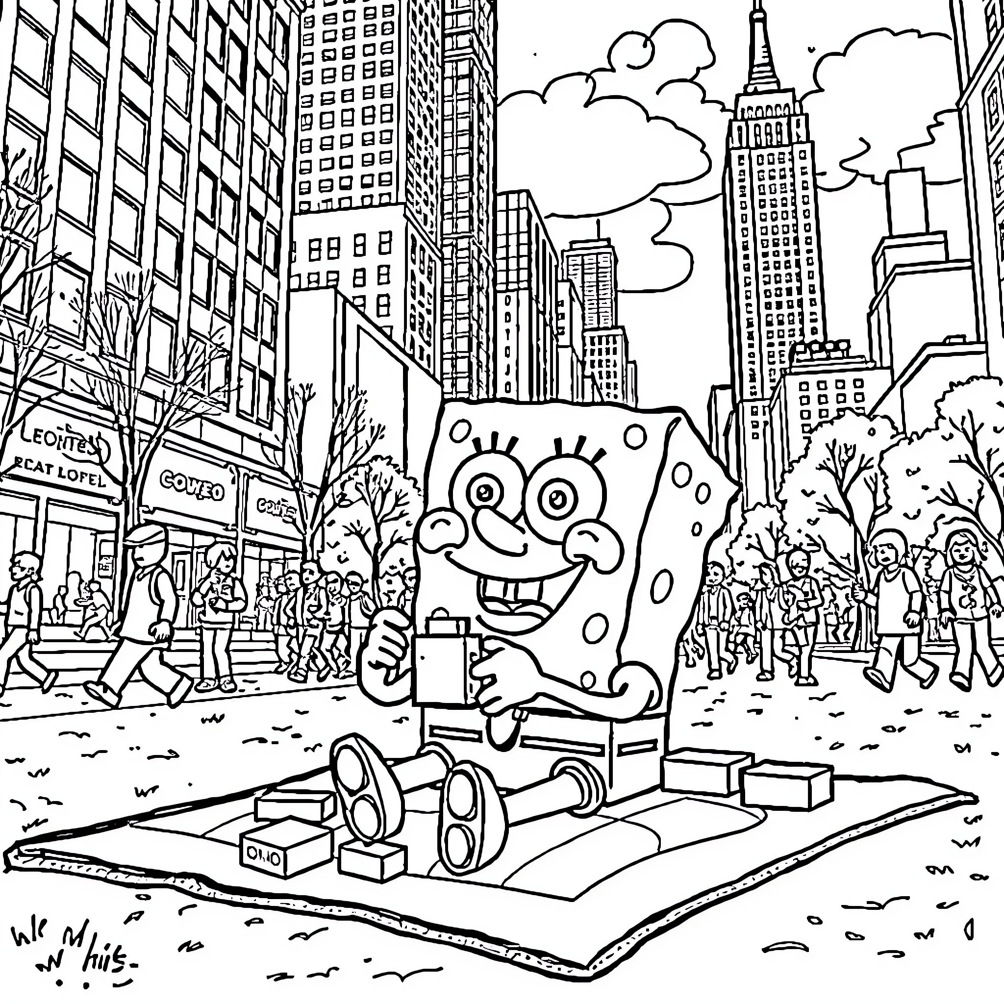 Spongebob in a busy urban cityscape Coloring Page (free black-and-white line drawing printable PDF for all, from beginners to advanced learners, including children, teens, adults, and seniors)
