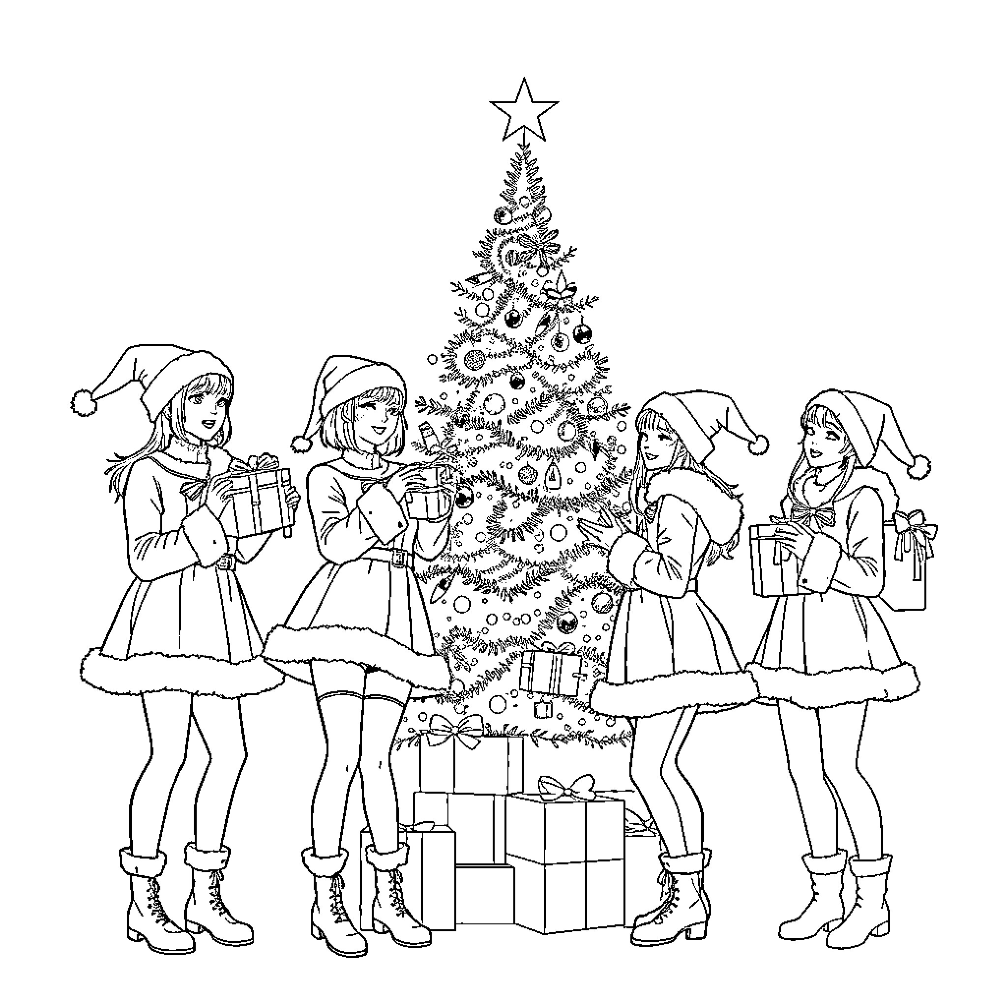 Guerrera Girls Celebrate Christmas Together Coloring Page (free black-and-white line drawing printable PDF for all, from beginners to advanced learners, including children, teens, adults, and seniors)