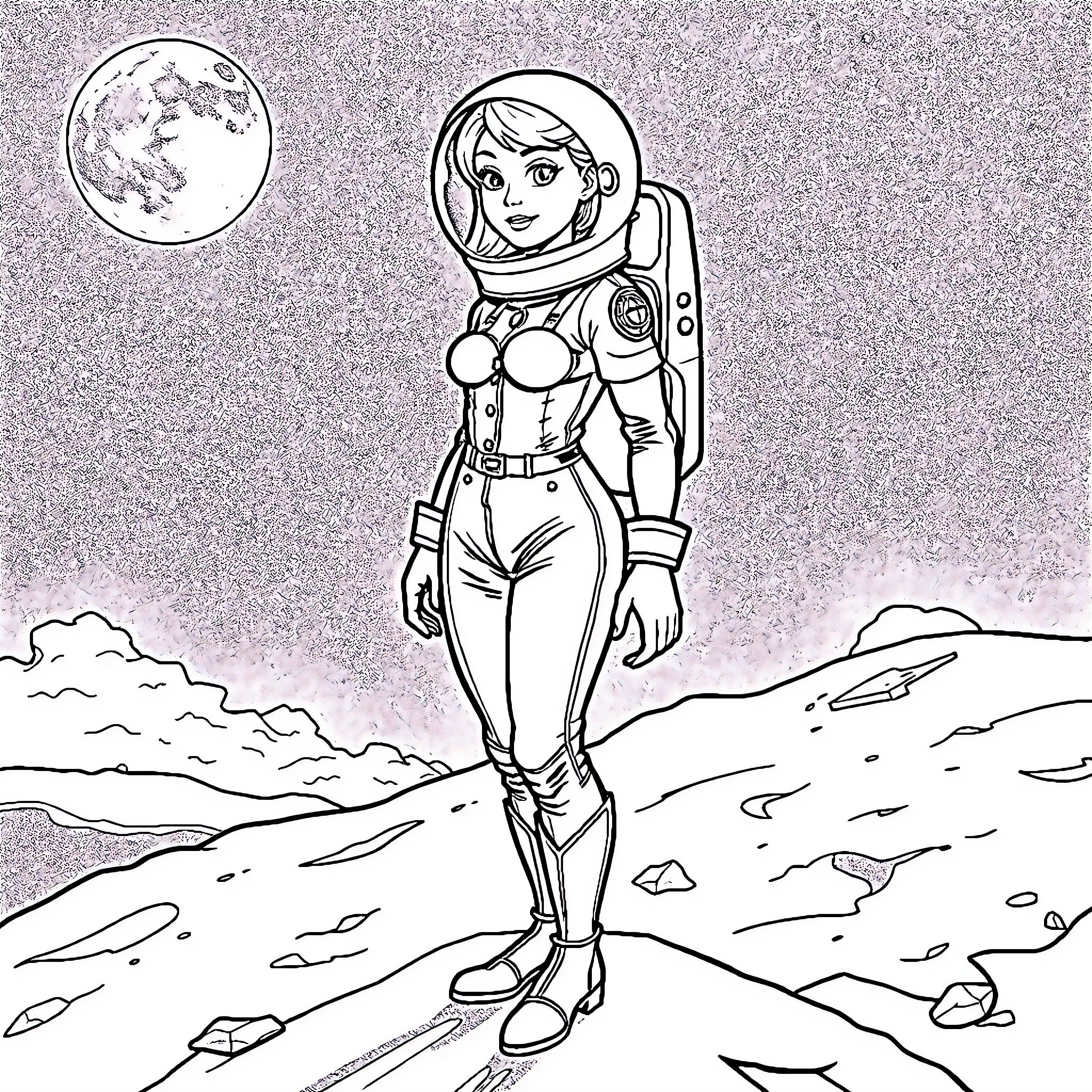 Piper Perri in Astronaut Gear on Alien Landscape Coloring Page (free black-and-white line drawing printable PDF for all, from beginners to advanced learners, including children, teens, adults, and seniors)