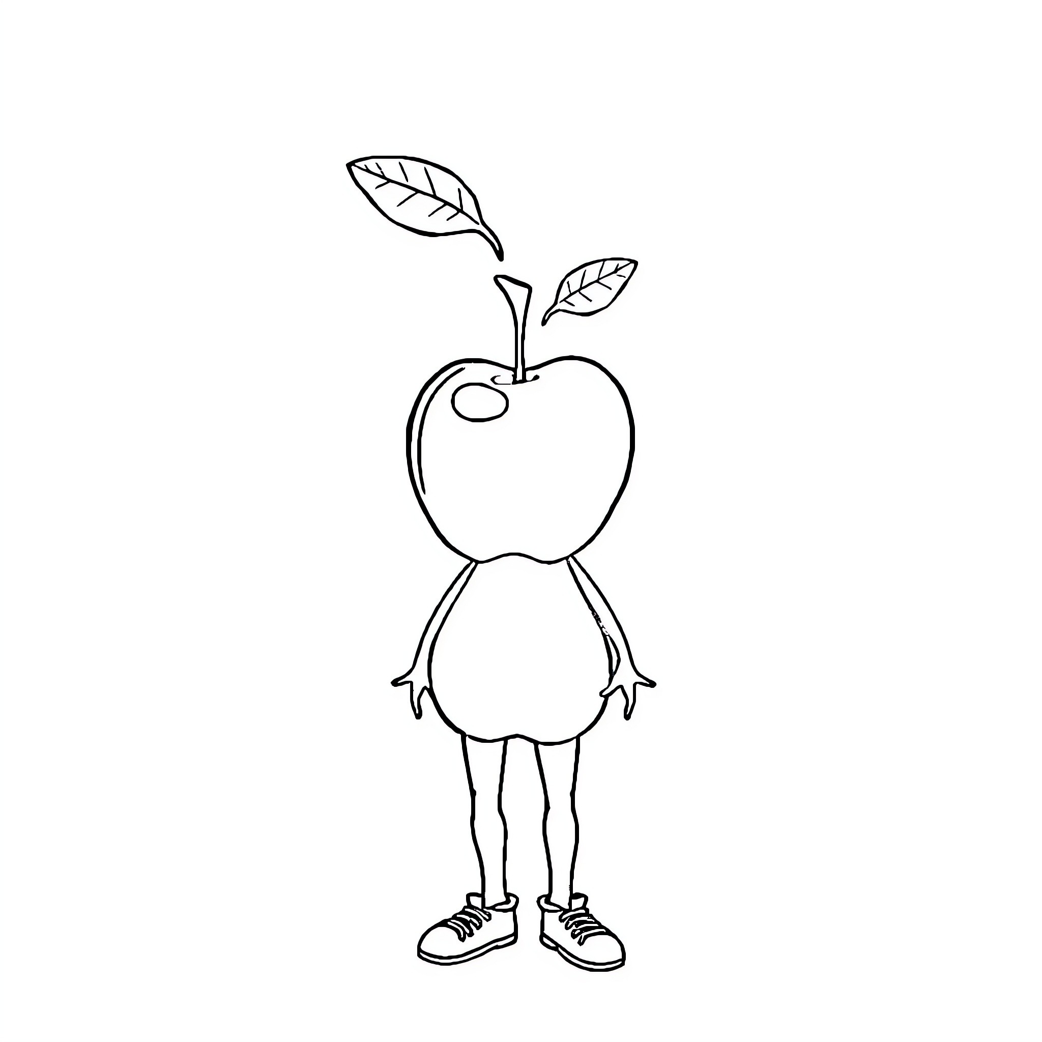 Apple character standing with leaves Coloring Page (free black-and-white line drawing printable PDF for all, from beginners to advanced learners, including children, teens, adults, and seniors)