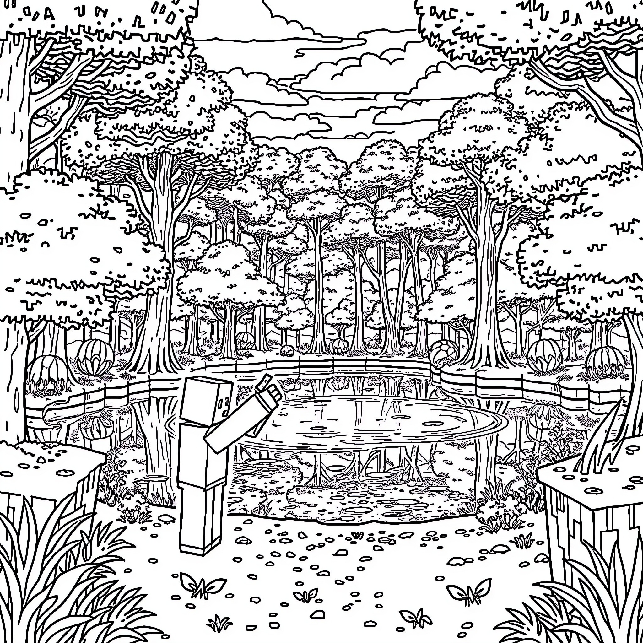 Minecraft Scene with Lush Forestry and Pond Coloring Page (free black-and-white line drawing printable PDF for all, from beginners to advanced learners, including children, teens, adults, and seniors)
