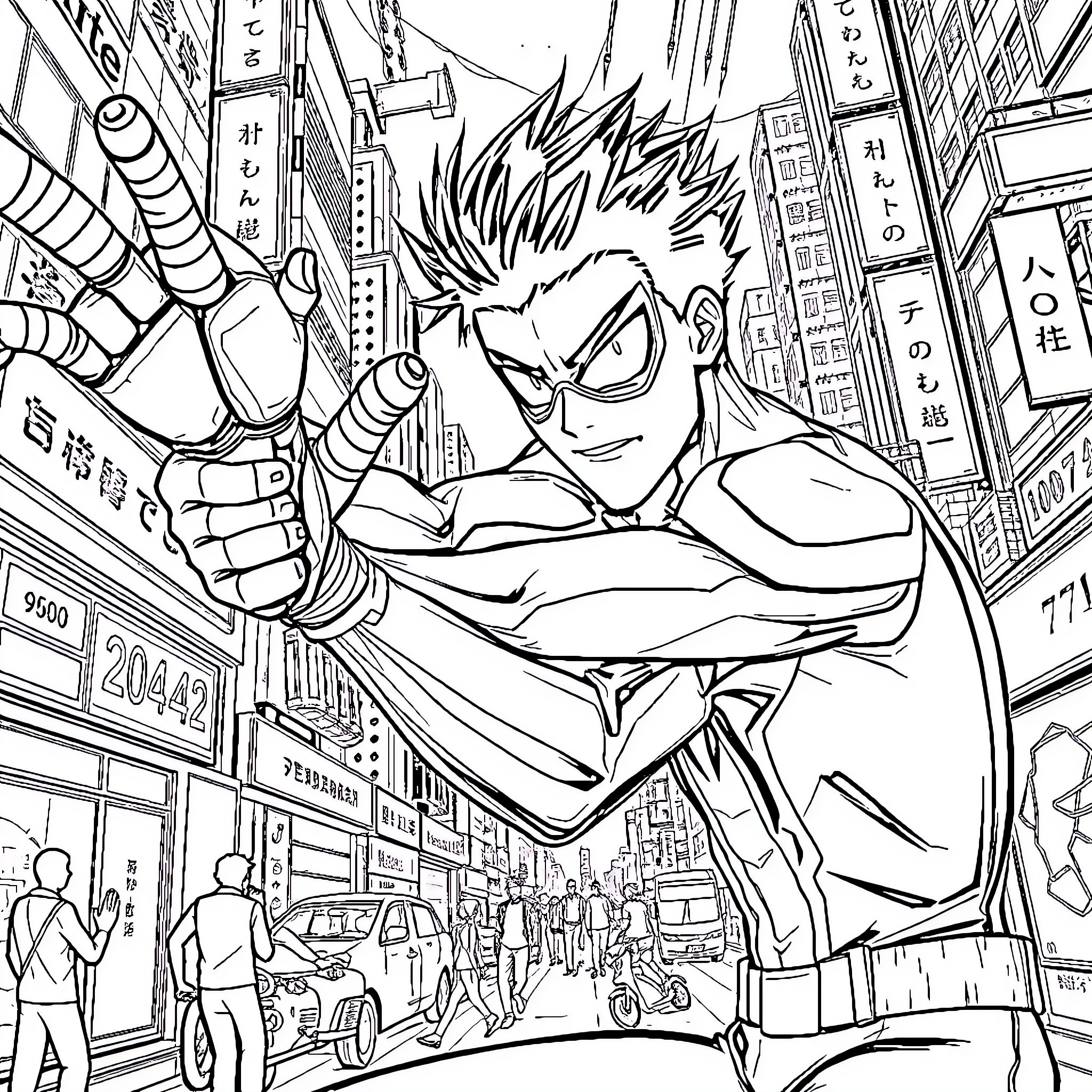 Anime Young Male Hero Soaring Over City Street Coloring Page (free black-and-white line drawing printable PDF for all, from beginners to advanced learners, including children, teens, adults, and seniors)
