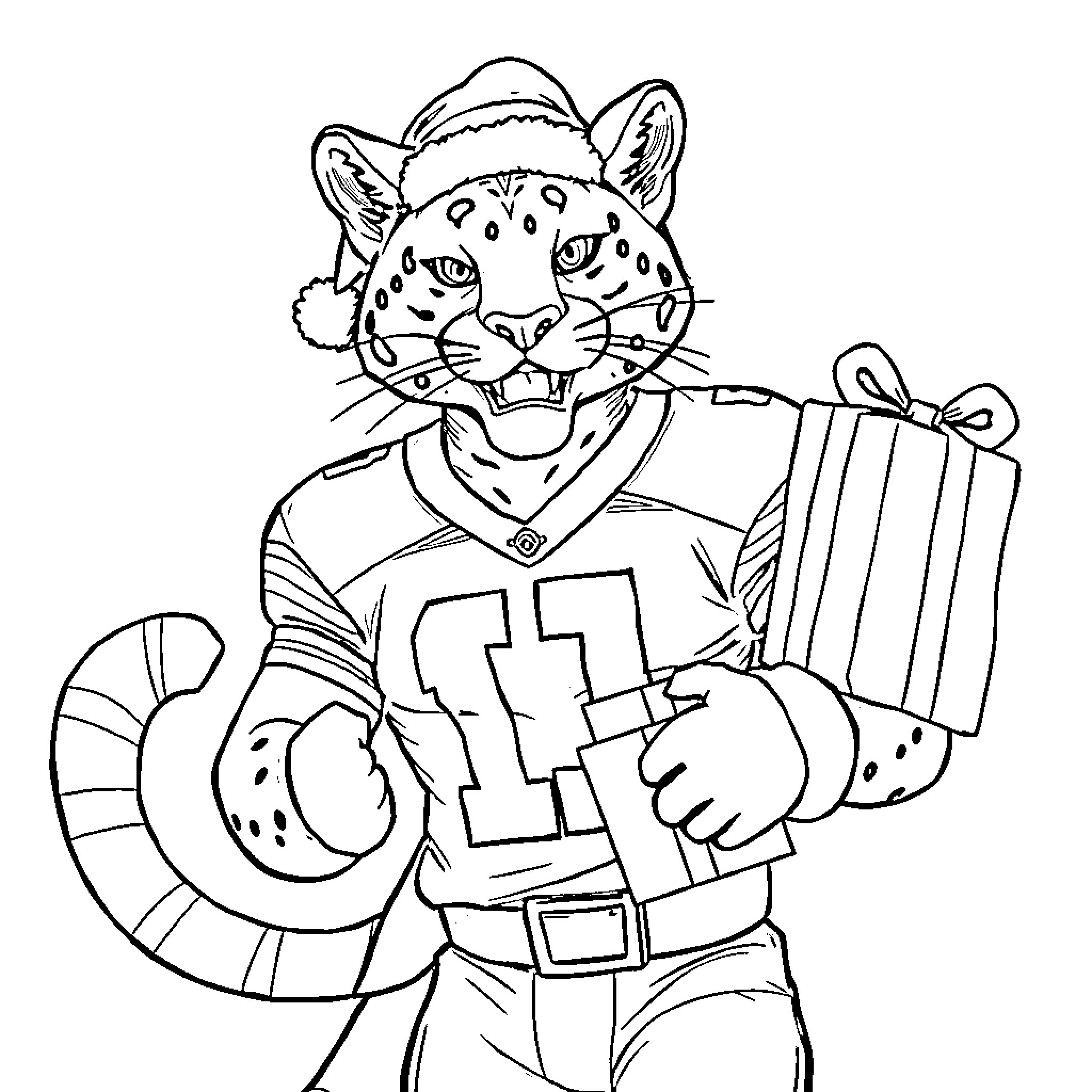 Cougar football player in uniform holding equipment Coloring Page (free black-and-white line drawing printable PDF for all, from beginners to advanced learners, including children, teens, adults, and seniors)