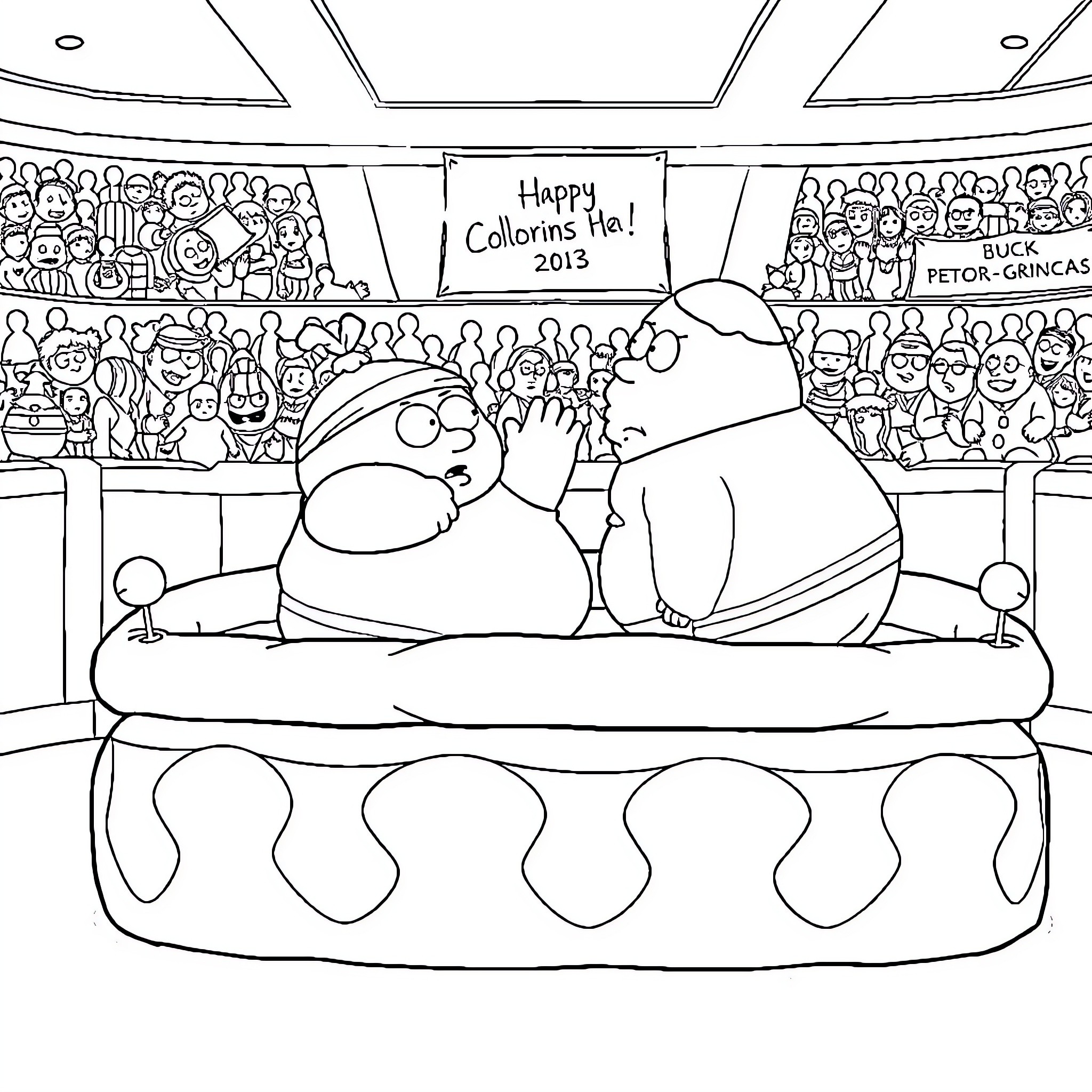 Cartman Celebrates Holiday with Crowd Coloring Page (free black-and-white line drawing printable PDF for all, from beginners to advanced learners, including children, teens, adults, and seniors)