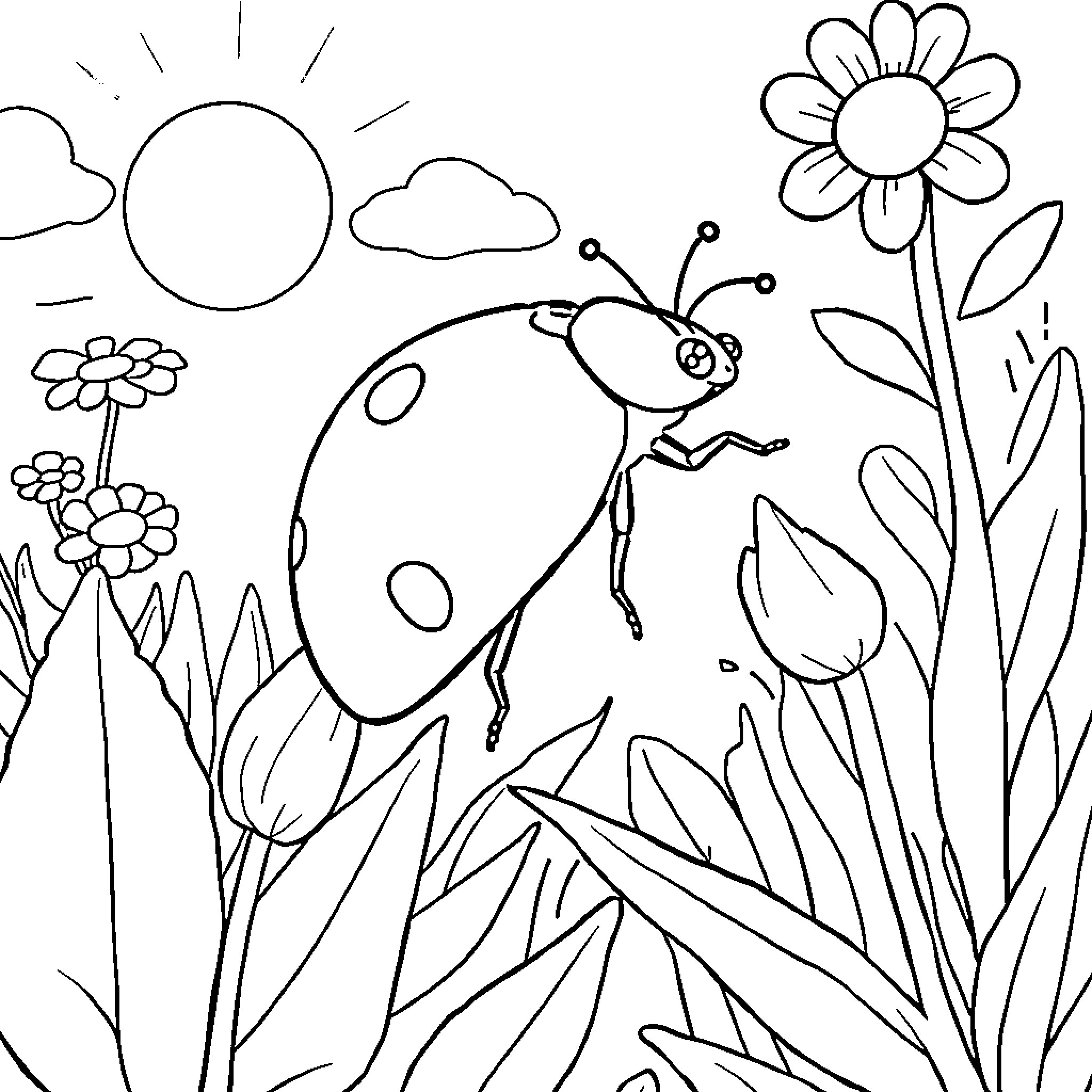 Ladybug exploring a flowery garden Coloring Page (free black-and-white line drawing printable PDF for all, from beginners to advanced learners, including children, teens, adults, and seniors)