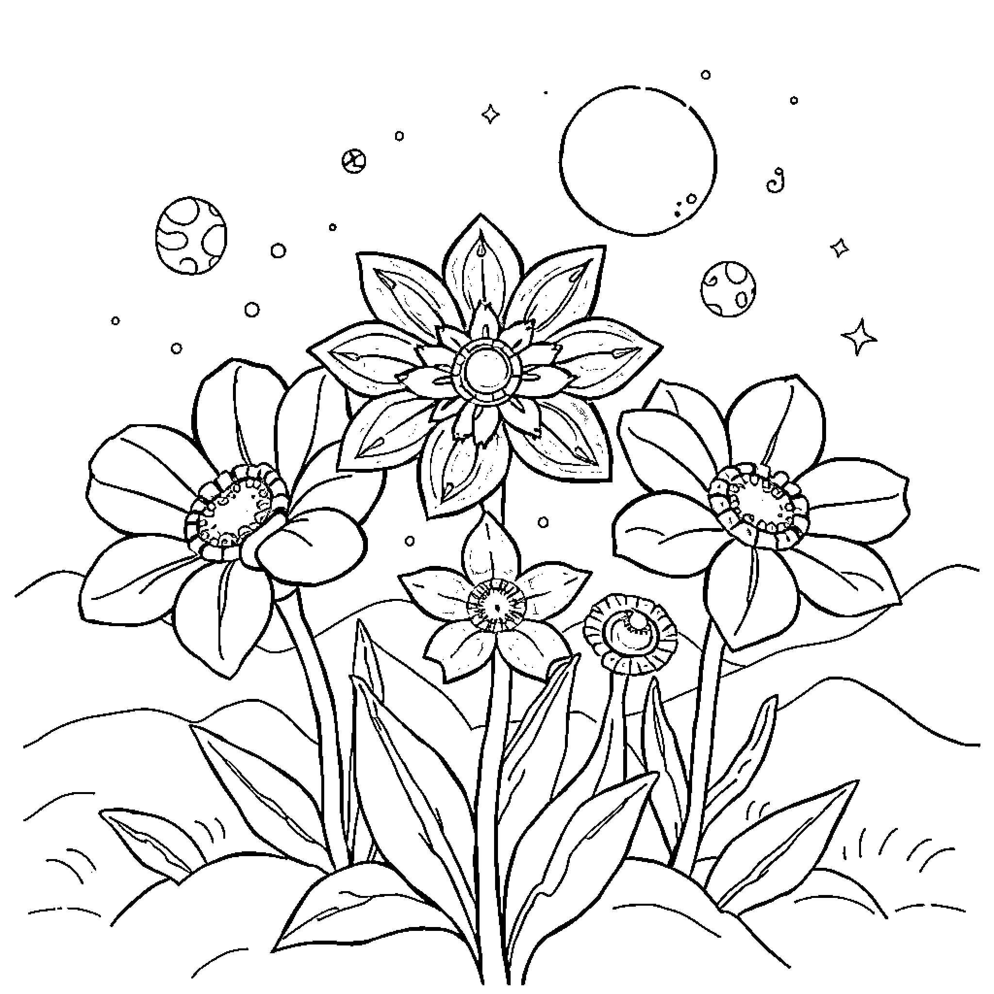 Flower Garden with Celestial Motifs Coloring Page (free black-and-white line drawing printable PDF for all, from beginners to advanced learners, including children, teens, adults, and seniors)