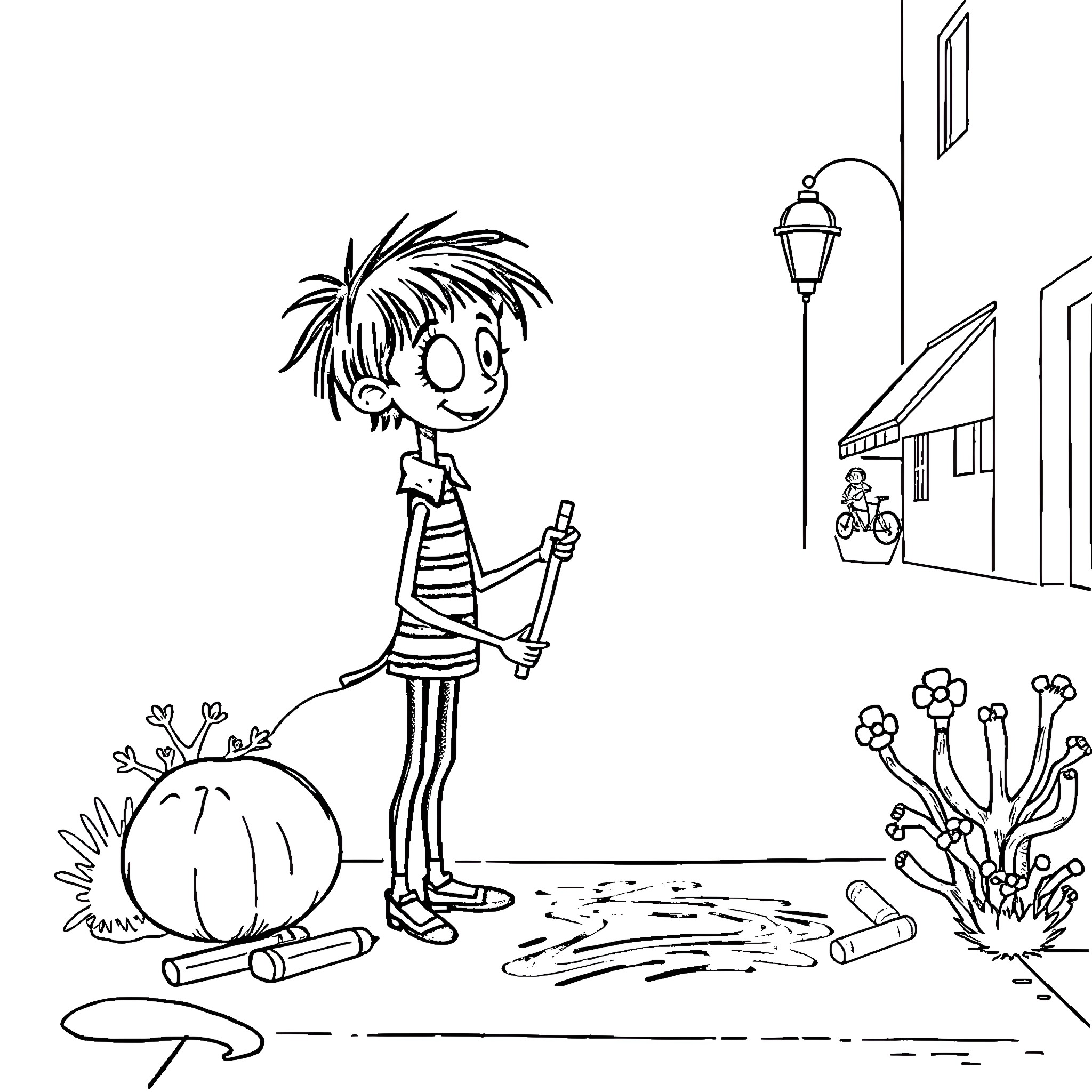 Coraline exploring a curious outdoor scene Coloring Page (free black-and-white line drawing printable PDF for all, from beginners to advanced learners, including children, teens, adults, and seniors)
