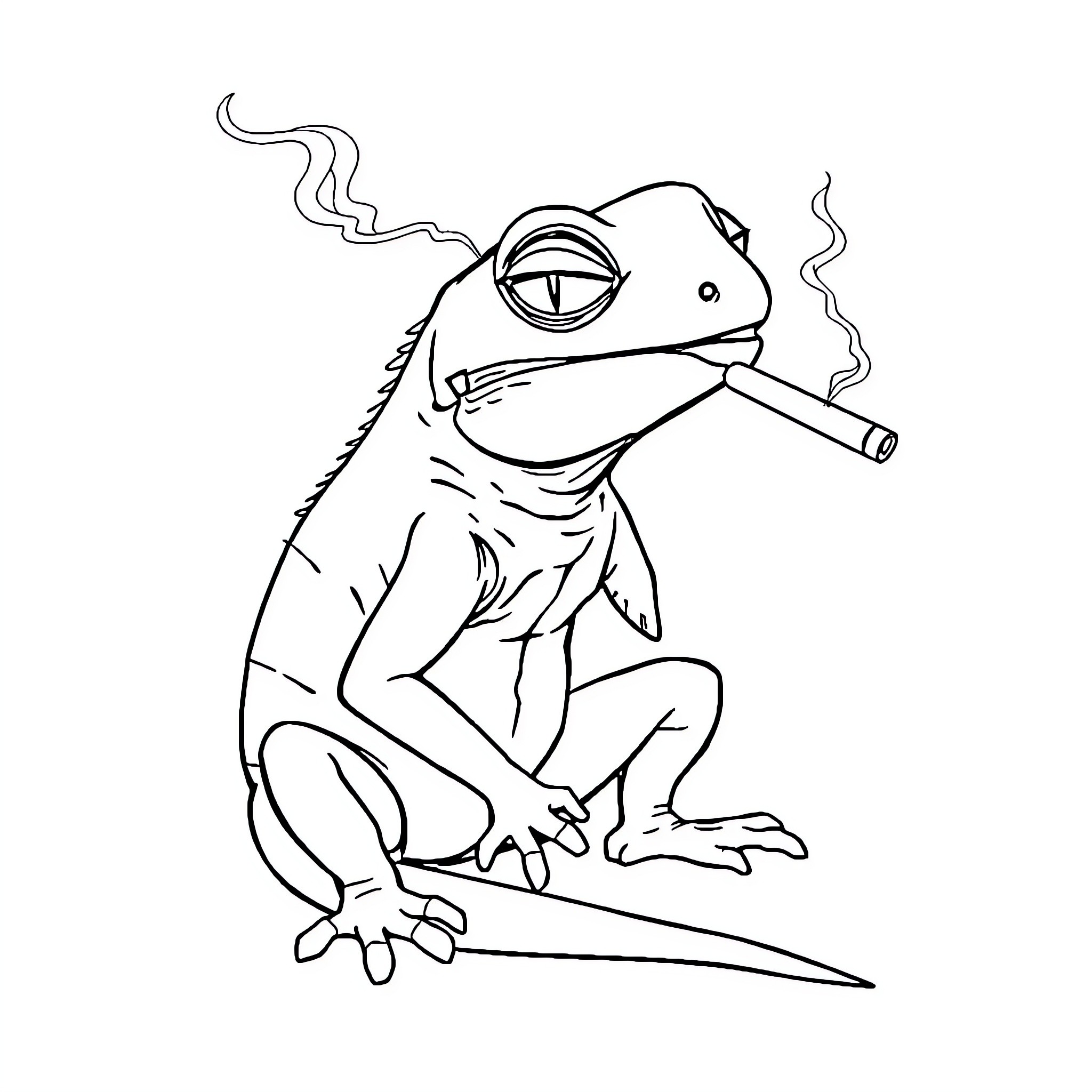 Gecko smoking a cigar in a contemplative pose Coloring Page (free black-and-white line drawing printable PDF for all, from beginners to advanced learners, including children, teens, adults, and seniors)
