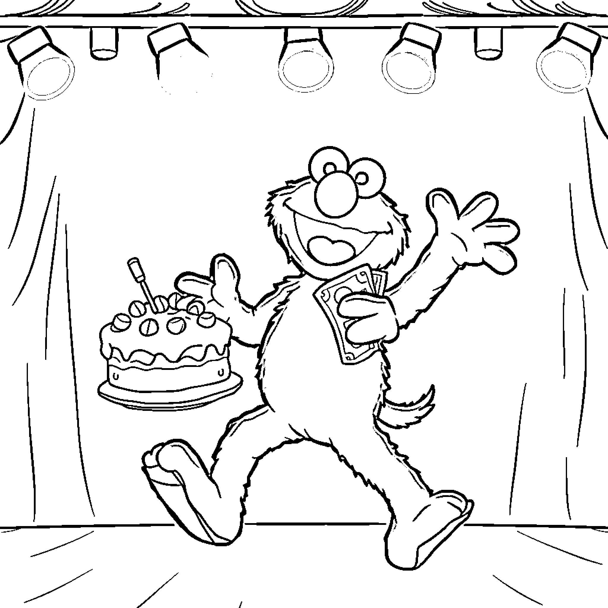 Elmo Celebrates with Cake on Stage Coloring Page (free black-and-white line drawing printable PDF for all, from beginners to advanced learners, including children, teens, adults, and seniors)