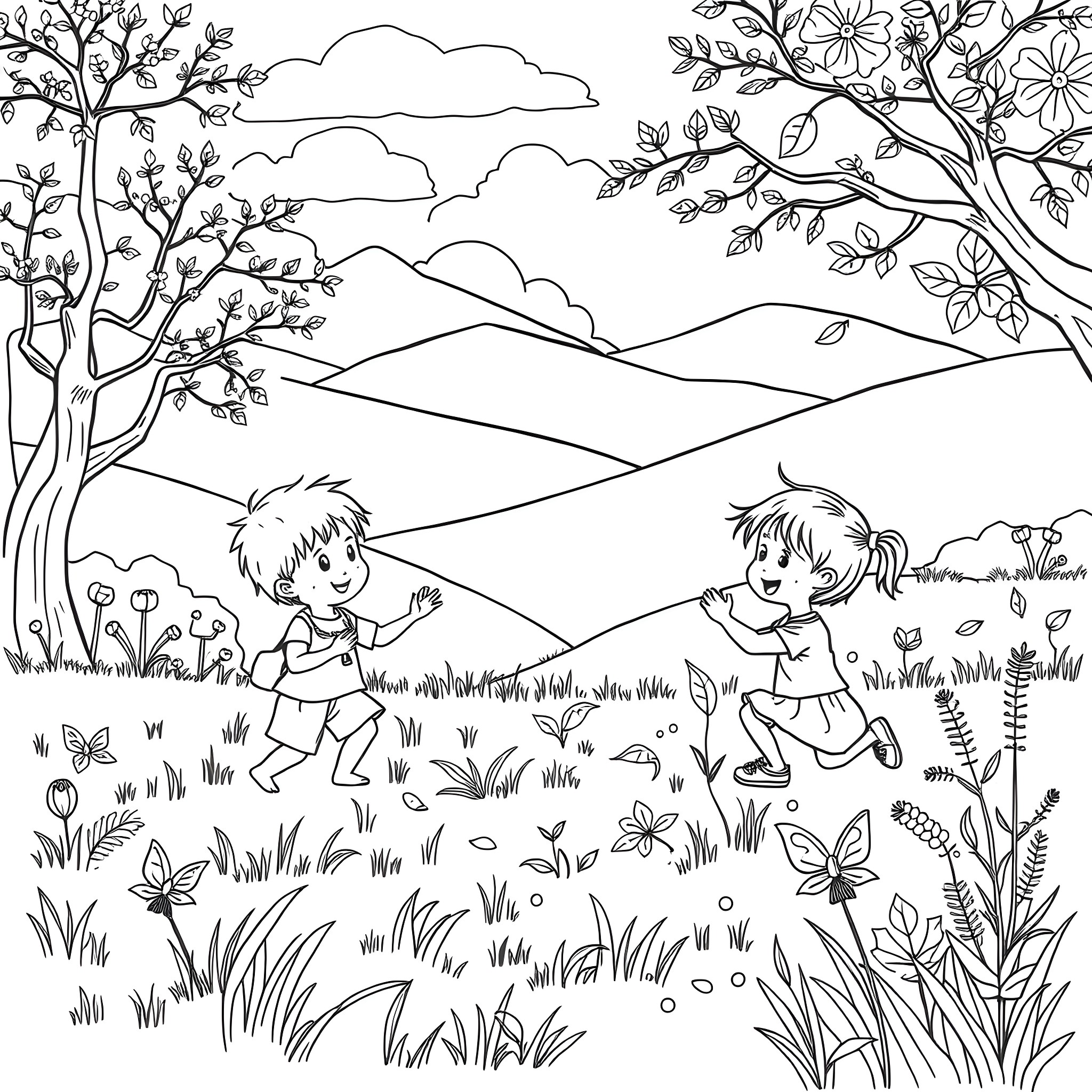 Children playing in a lush natural landscape Coloring Page (free black-and-white line drawing printable PDF for all, from beginners to advanced learners, including children, teens, adults, and seniors)