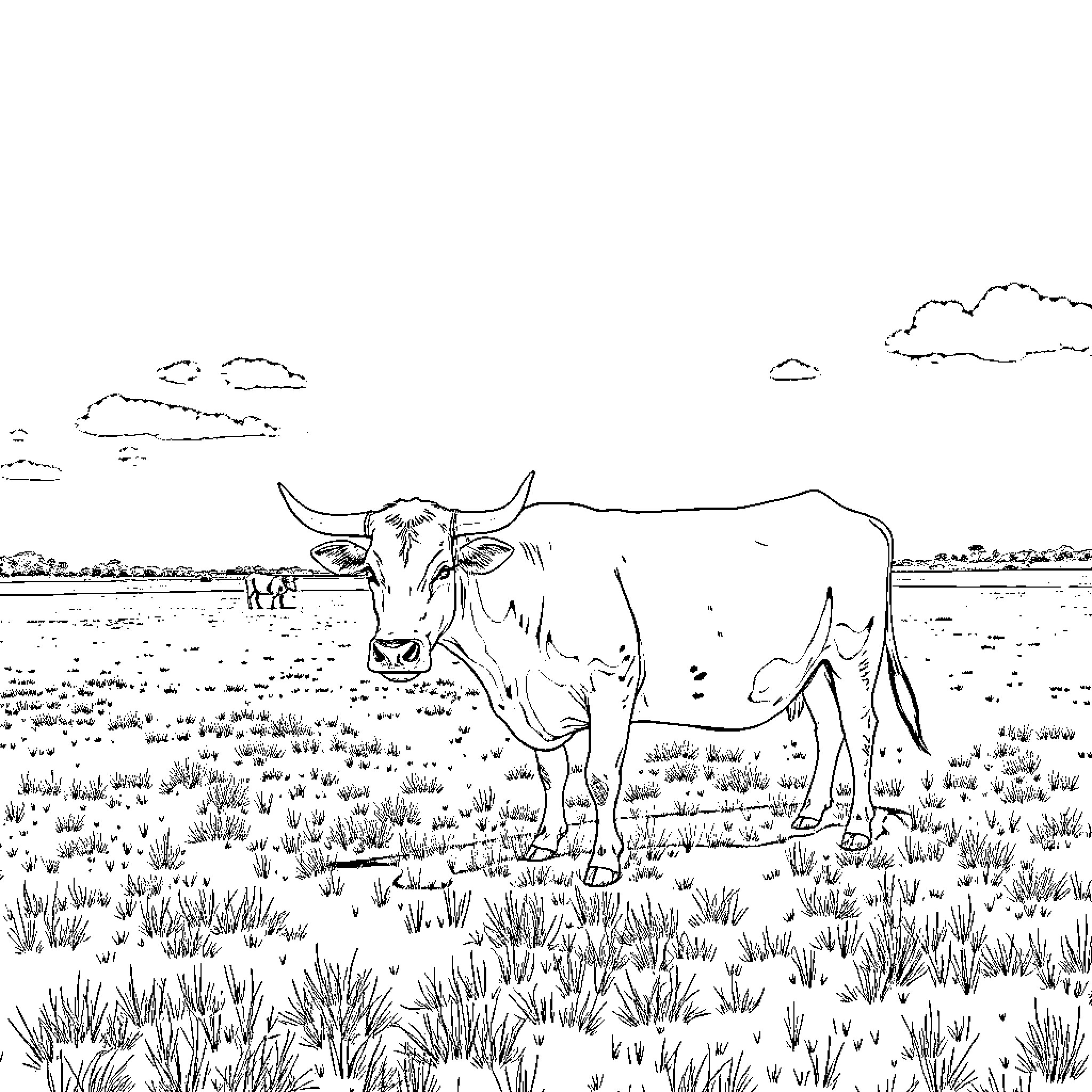 Cattle grazing peacefully in the open field Coloring Page (free black-and-white line drawing printable PDF for all, from beginners to advanced learners, including children, teens, adults, and seniors)