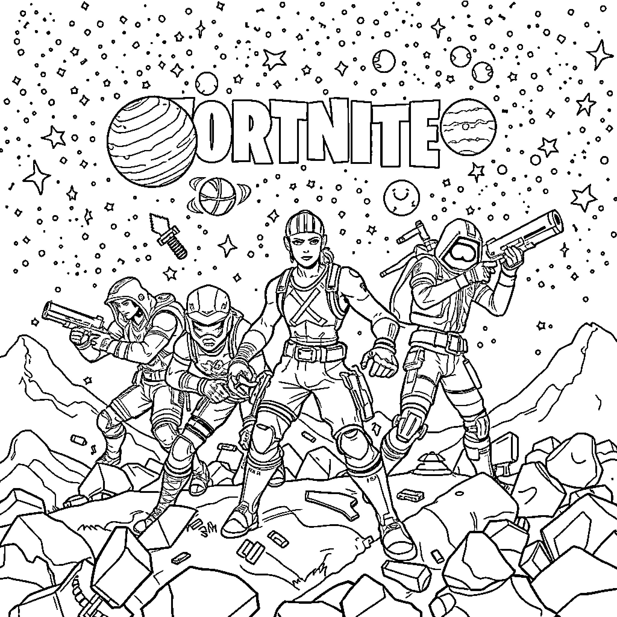Fortnite Outlandish Action Scene with Unique Characters Coloring Page (free black-and-white line drawing printable PDF for all, from beginners to advanced learners, including children, teens, adults, and seniors)