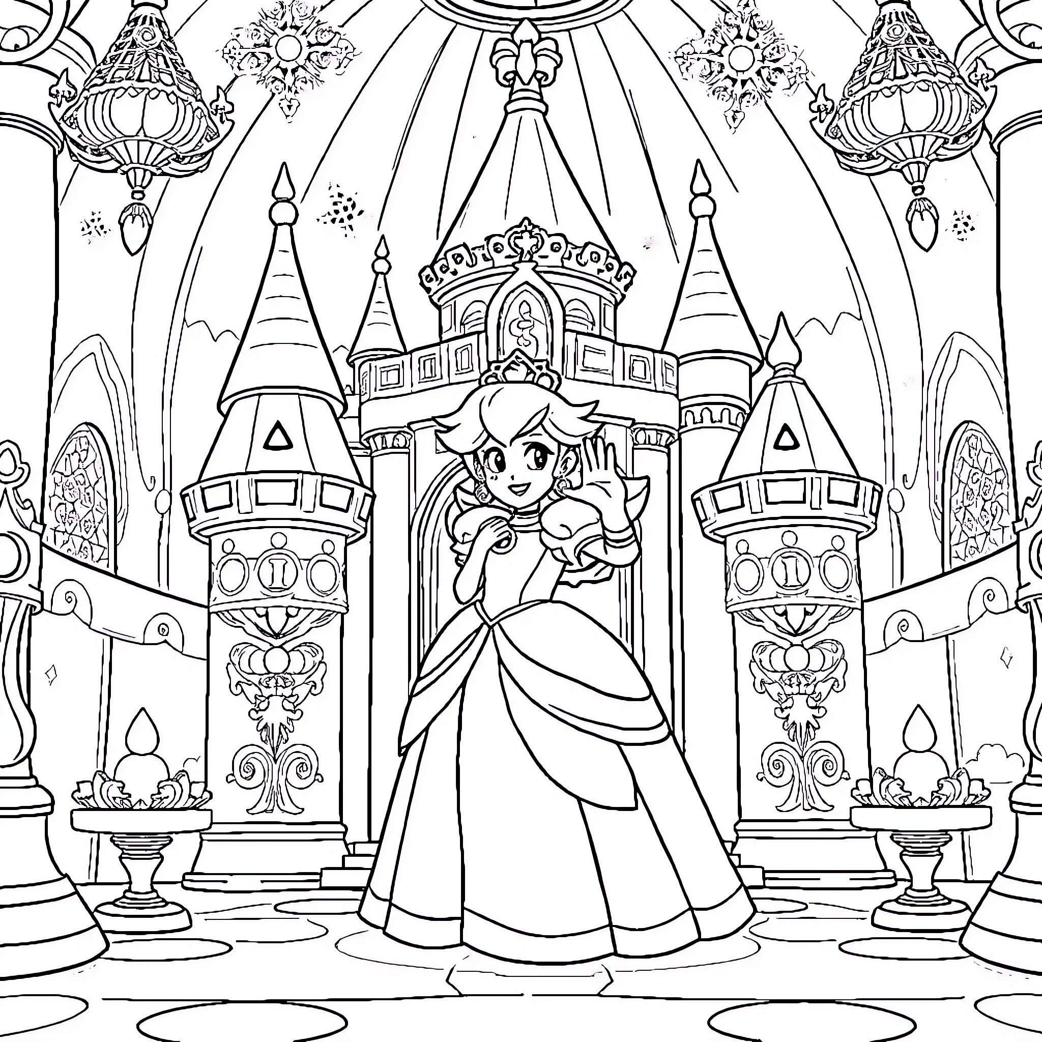 Princess in a Majestic Castle Setting Coloring Page (free black-and-white line drawing printable PDF for all, from beginners to advanced learners, including children, teens, adults, and seniors)