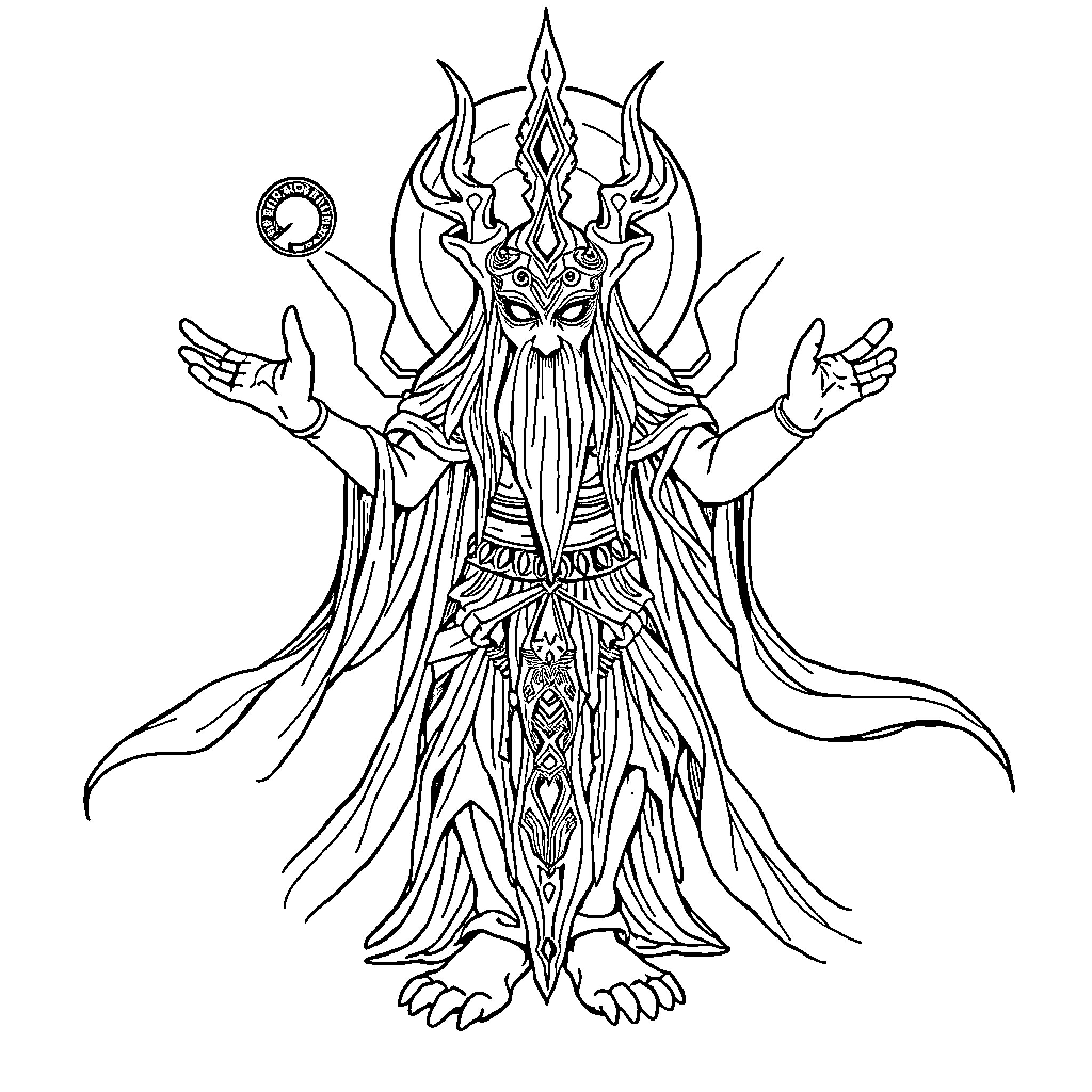 Hteththemeth: Mystical Deity in Regal Attire Coloring Page (free black-and-white line drawing printable PDF for all, from beginners to advanced learners, including children, teens, adults, and seniors)