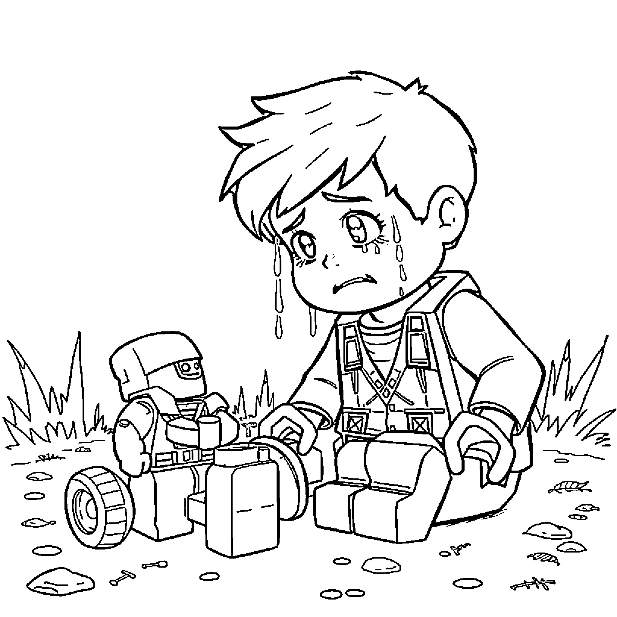 Kid in distress with damaged robot Coloring Page (free black-and-white line drawing printable PDF for all, from beginners to advanced learners, including children, teens, adults, and seniors)