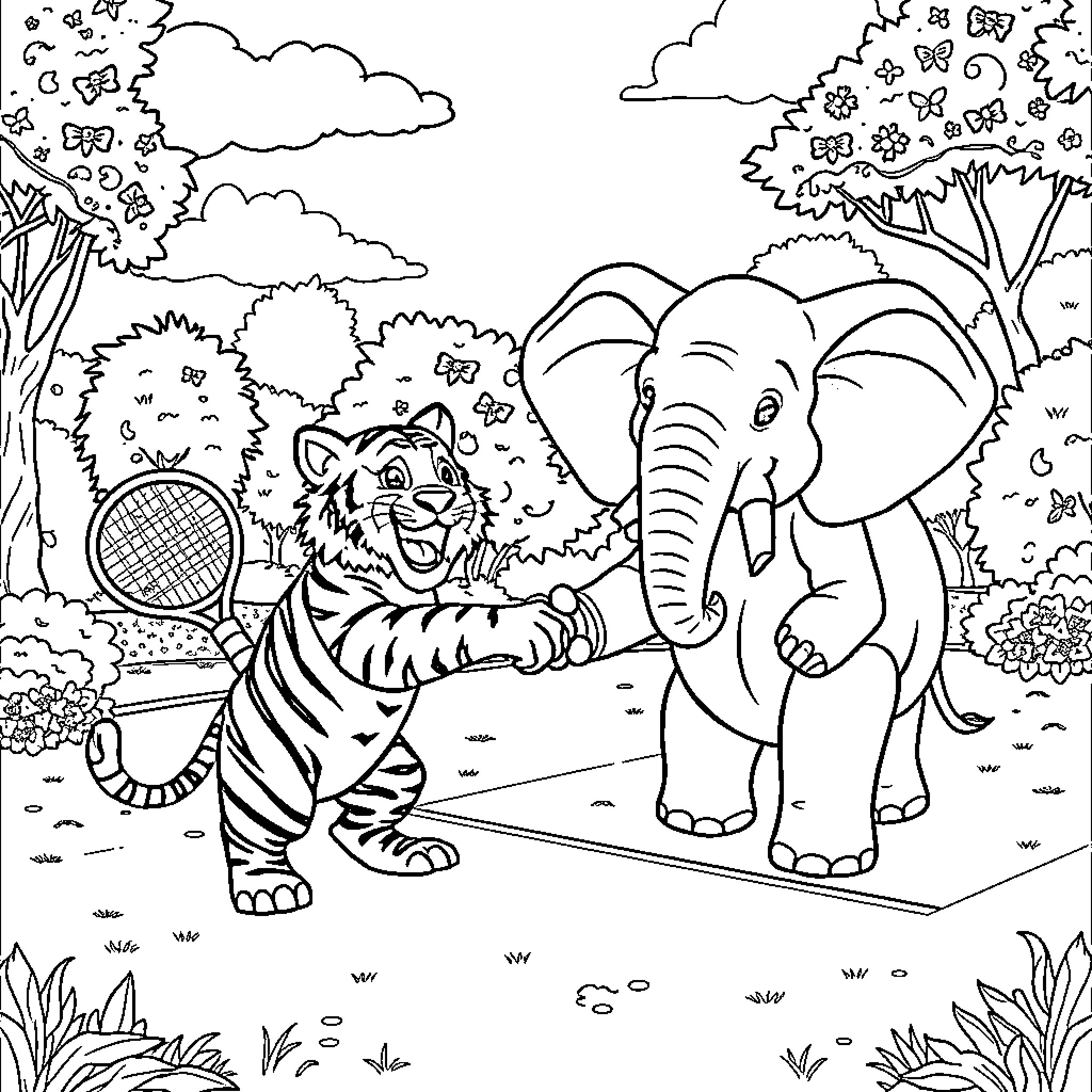 Tiger and Elephant Playing in the Wild Coloring Page (free black-and-white line drawing printable PDF for all, from beginners to advanced learners, including children, teens, adults, and seniors)