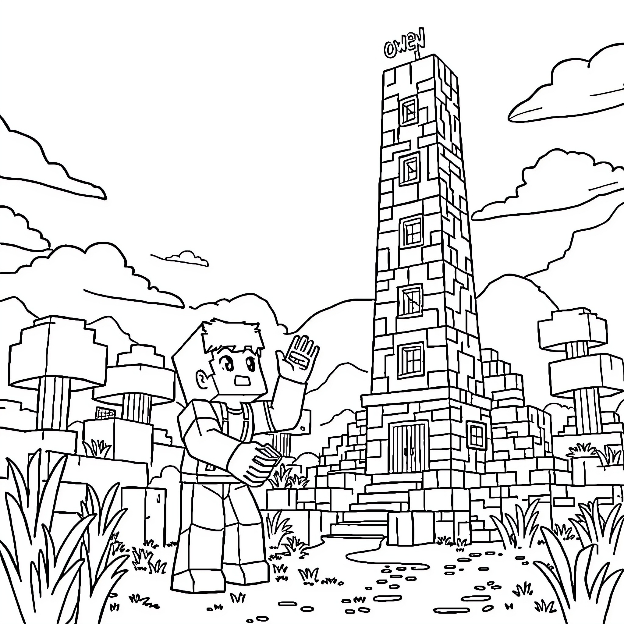 Owen Exploring the Towering City Landscape Coloring Page (free black-and-white line drawing printable PDF for all, from beginners to advanced learners, including children, teens, adults, and seniors)
