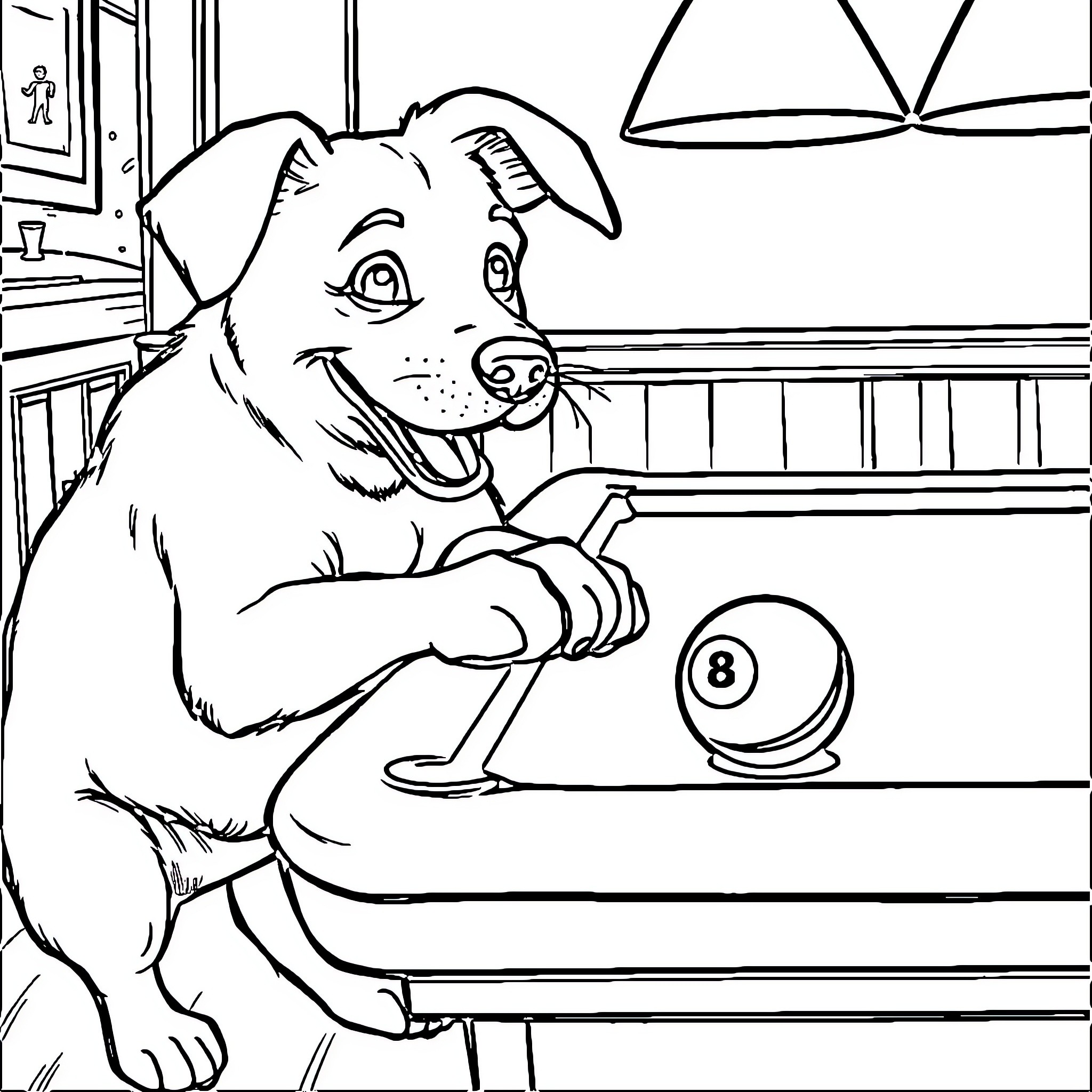 Dog playing pool in a room Coloring Page (free black-and-white line drawing printable PDF for all, from beginners to advanced learners, including children, teens, adults, and seniors)