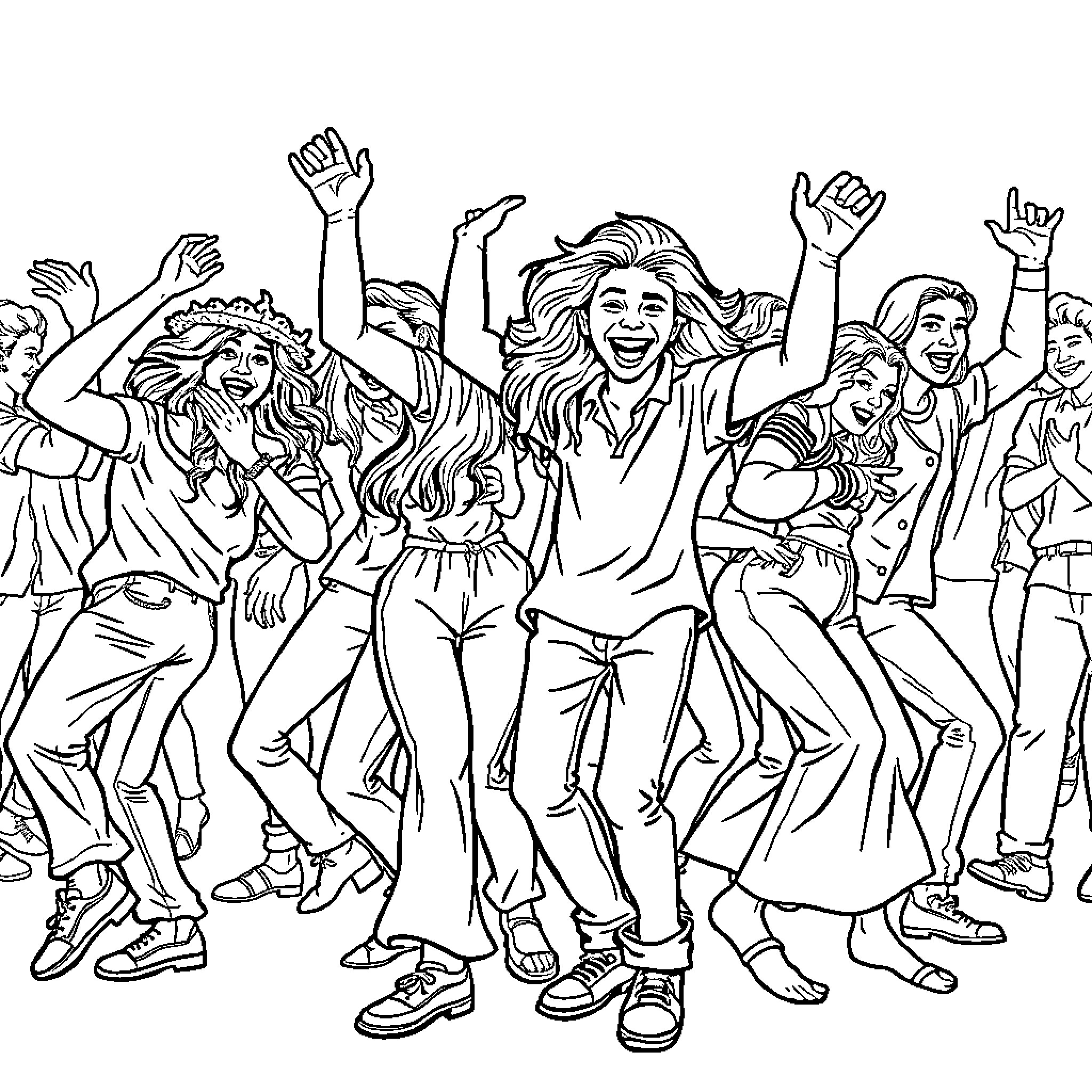 Brainrot Party: Joyous Revelry Amongst Friends Coloring Page (free black-and-white line drawing printable PDF for all, from beginners to advanced learners, including children, teens, adults, and seniors)