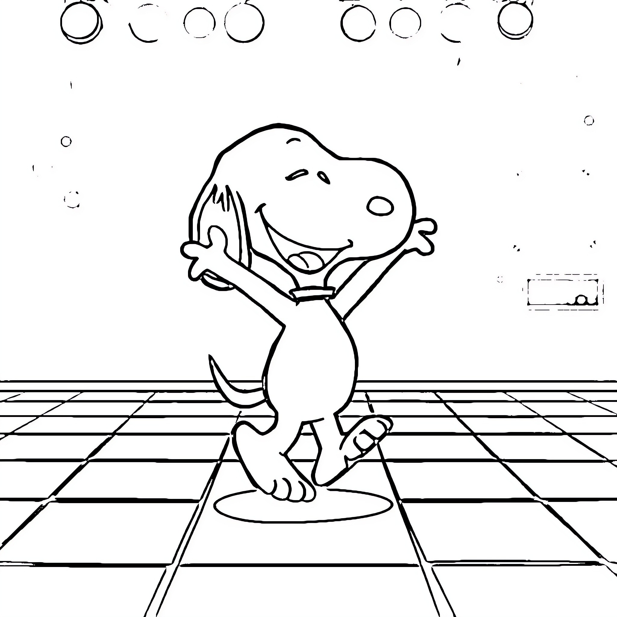 Snoopy dancing happily on the checkerboard floor Coloring Page (free black-and-white line drawing printable PDF for all, from beginners to advanced learners, including children, teens, adults, and seniors)