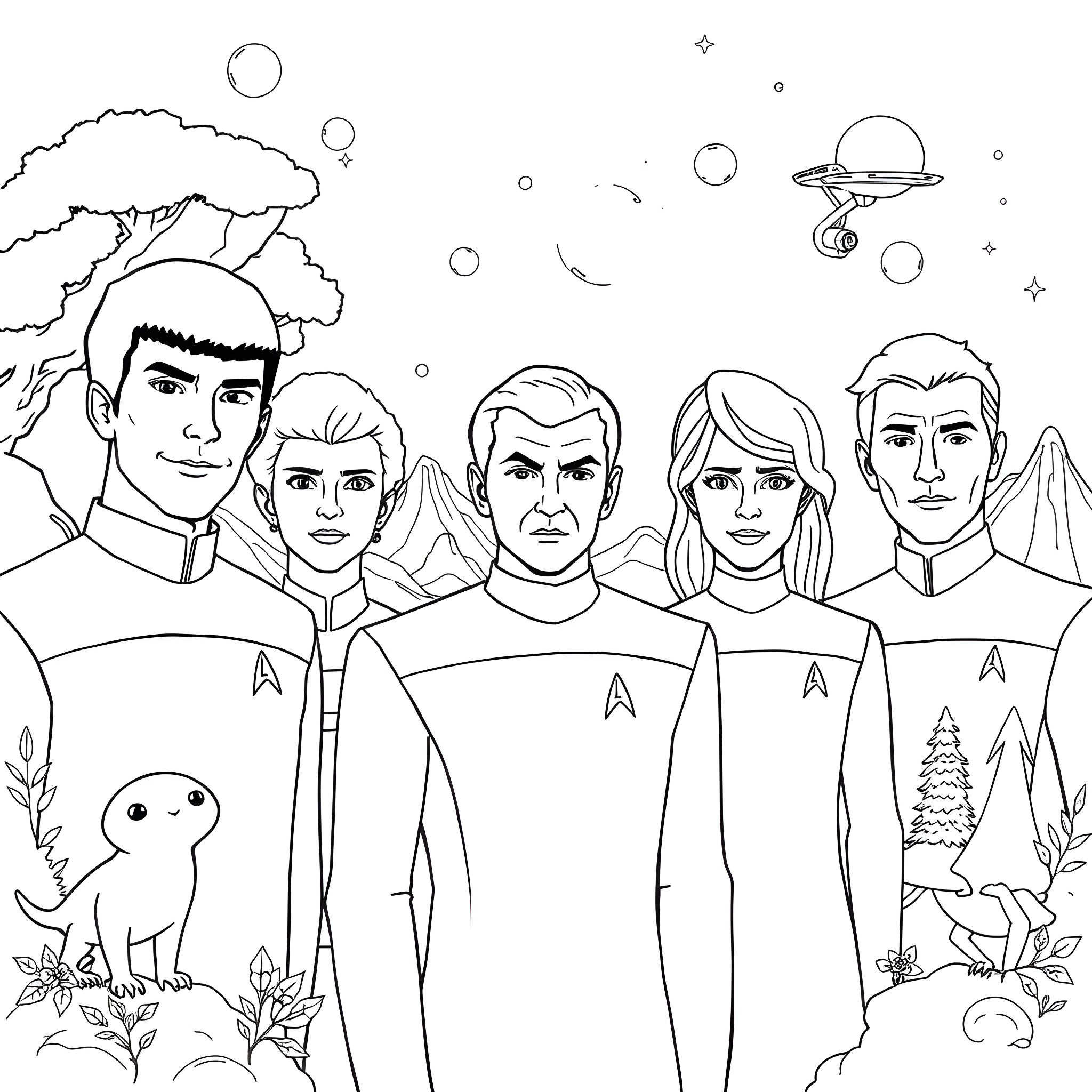 Star Trek: Crew on Intergalactic Adventure Coloring Page (free black-and-white line drawing printable PDF for all, from beginners to advanced learners, including children, teens, adults, and seniors)