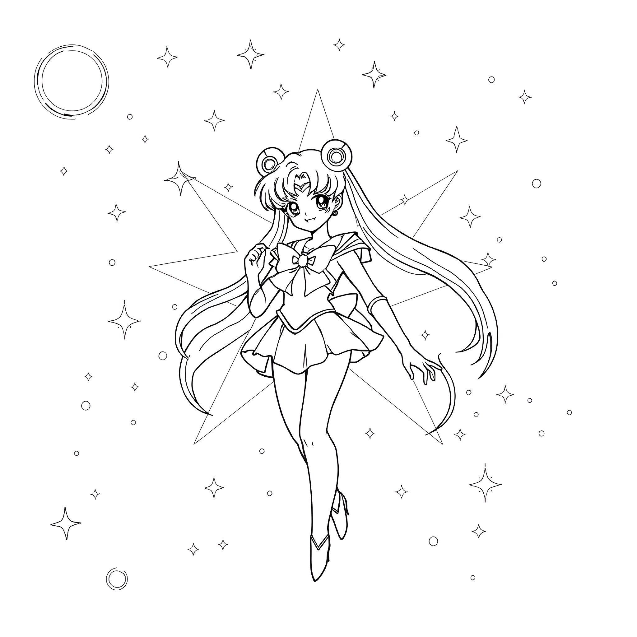 Sailor Moon posing gracefully in a starry sky Coloring Page (free black-and-white line drawing printable PDF for all, from beginners to advanced learners, including children, teens, adults, and seniors)