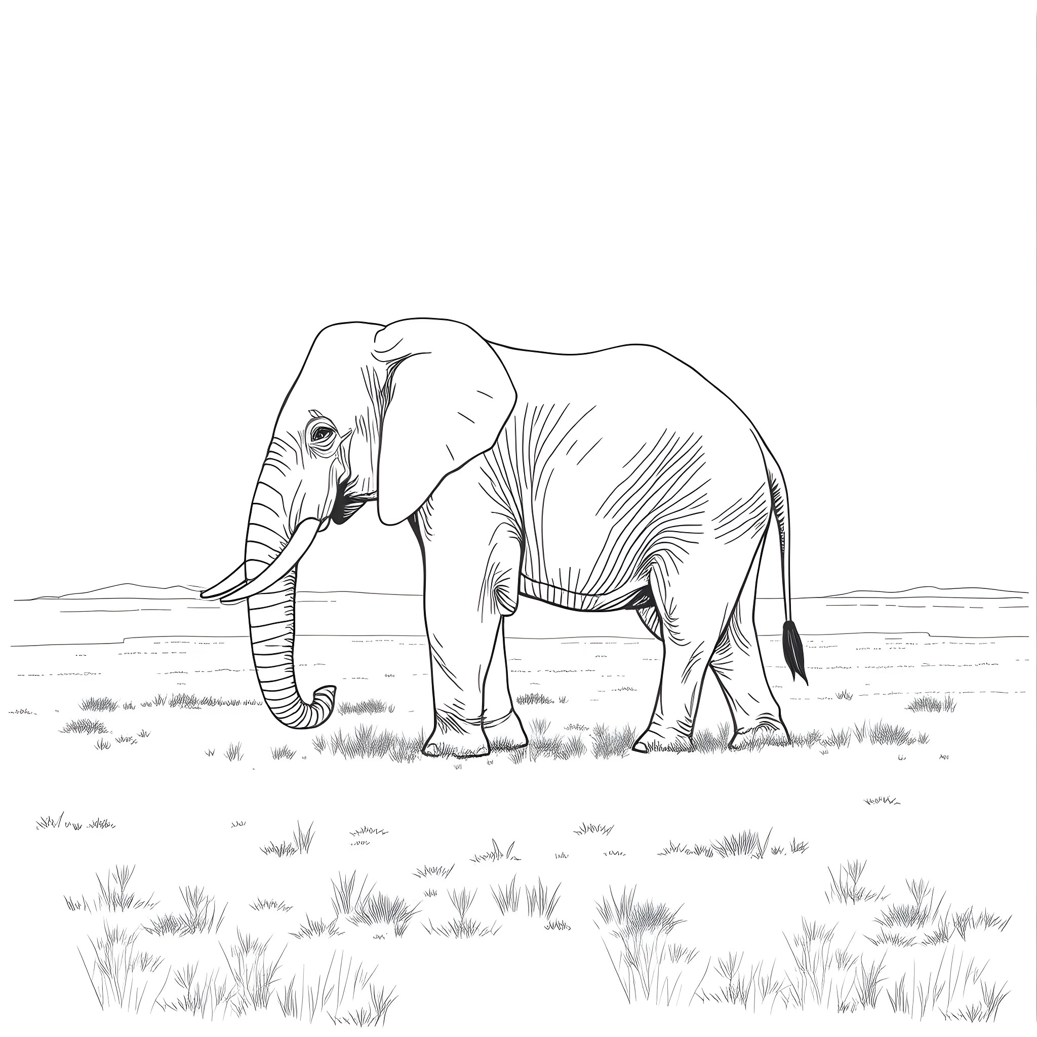 Elephant walking peacefully in the natural landscape Coloring Page (free black-and-white line drawing printable PDF for all, from beginners to advanced learners, including children, teens, adults, and seniors)