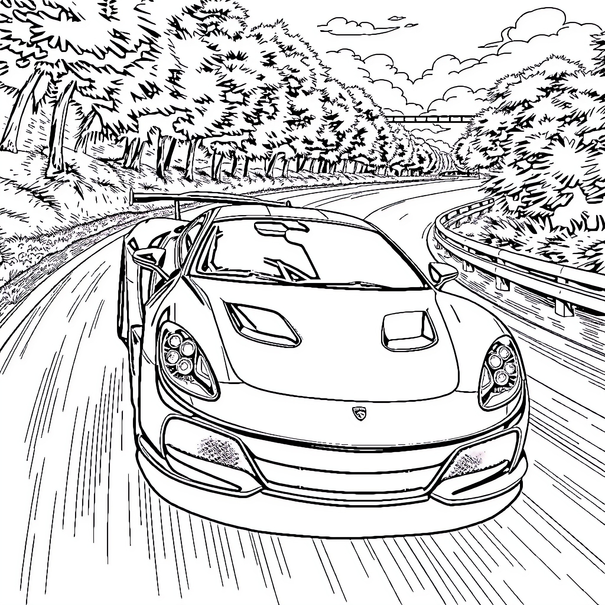 Sports Car speeding on a winding road through the forest Coloring Page (free black-and-white line drawing printable PDF for all, from beginners to advanced learners, including children, teens, adults, and seniors)
