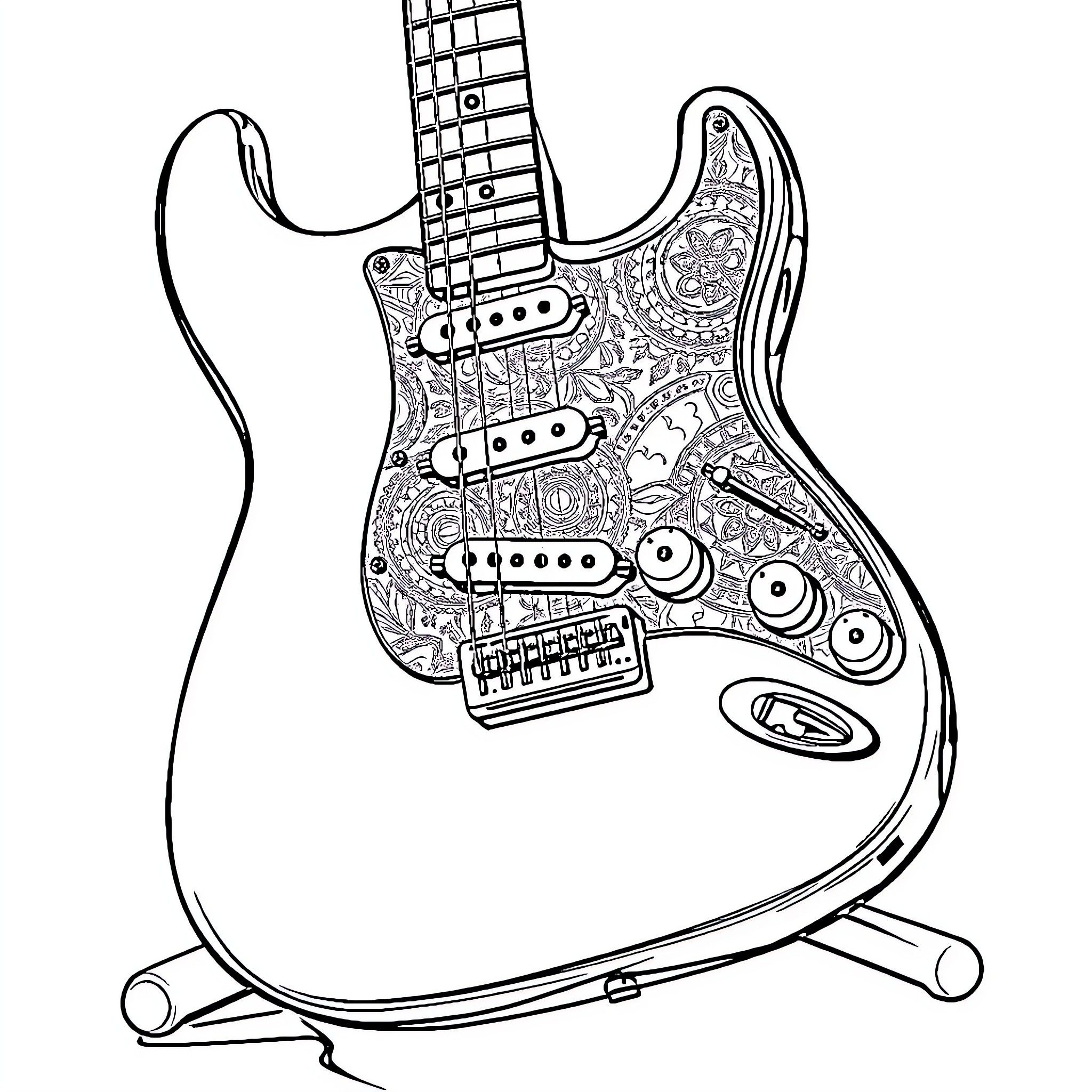 Stratocaster guitar with intricate design Coloring Page (free black-and-white line drawing printable PDF for all, from beginners to advanced learners, including children, teens, adults, and seniors)