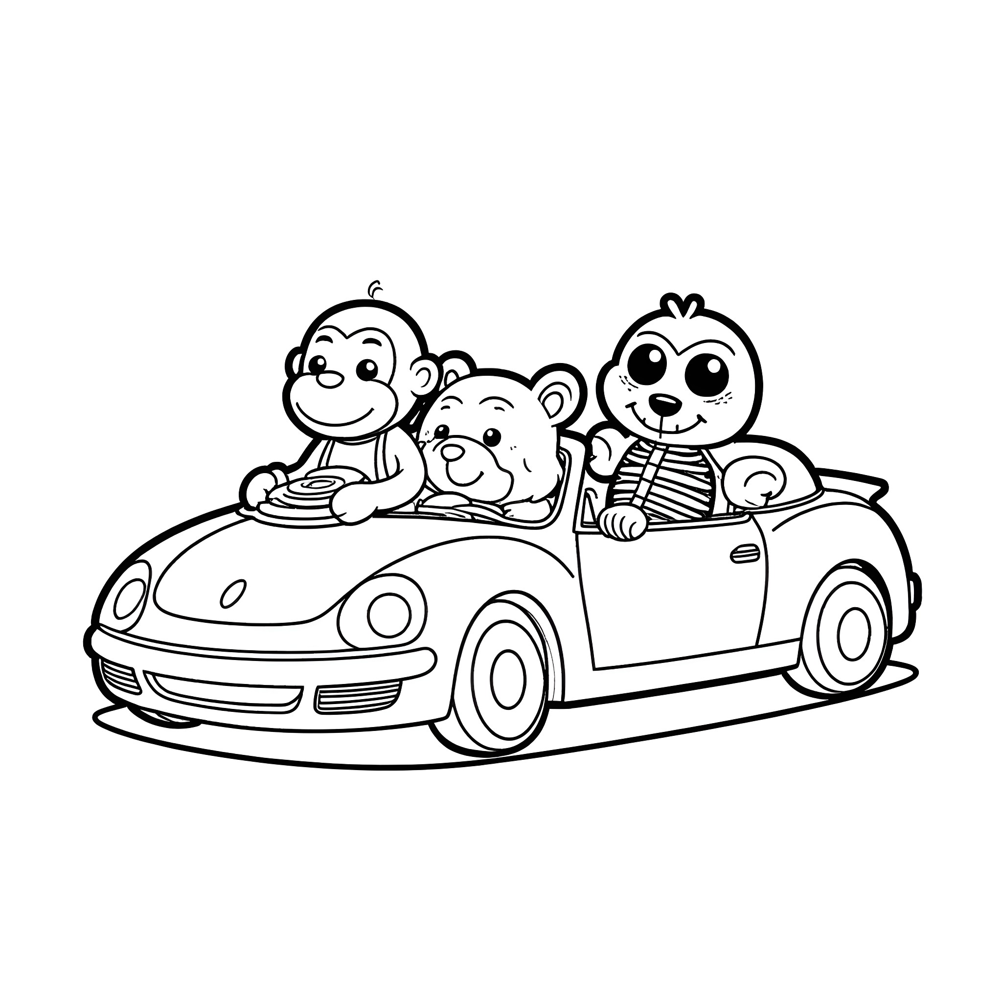 Stuffed Animal Friends Taking a Joyride in a Convertible Coloring Page (free black-and-white line drawing printable PDF for all, from beginners to advanced learners, including children, teens, adults, and seniors)