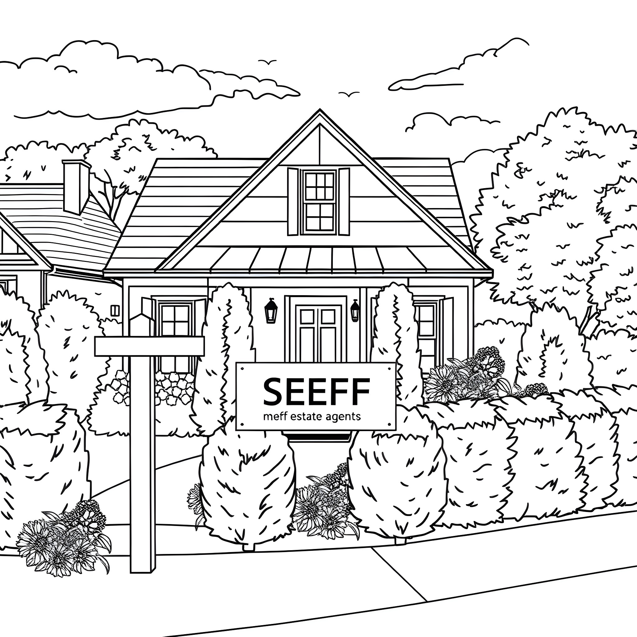 House with real estate agents sign in the yard Coloring Page (free black-and-white line drawing printable PDF for all, from beginners to advanced learners, including children, teens, adults, and seniors)