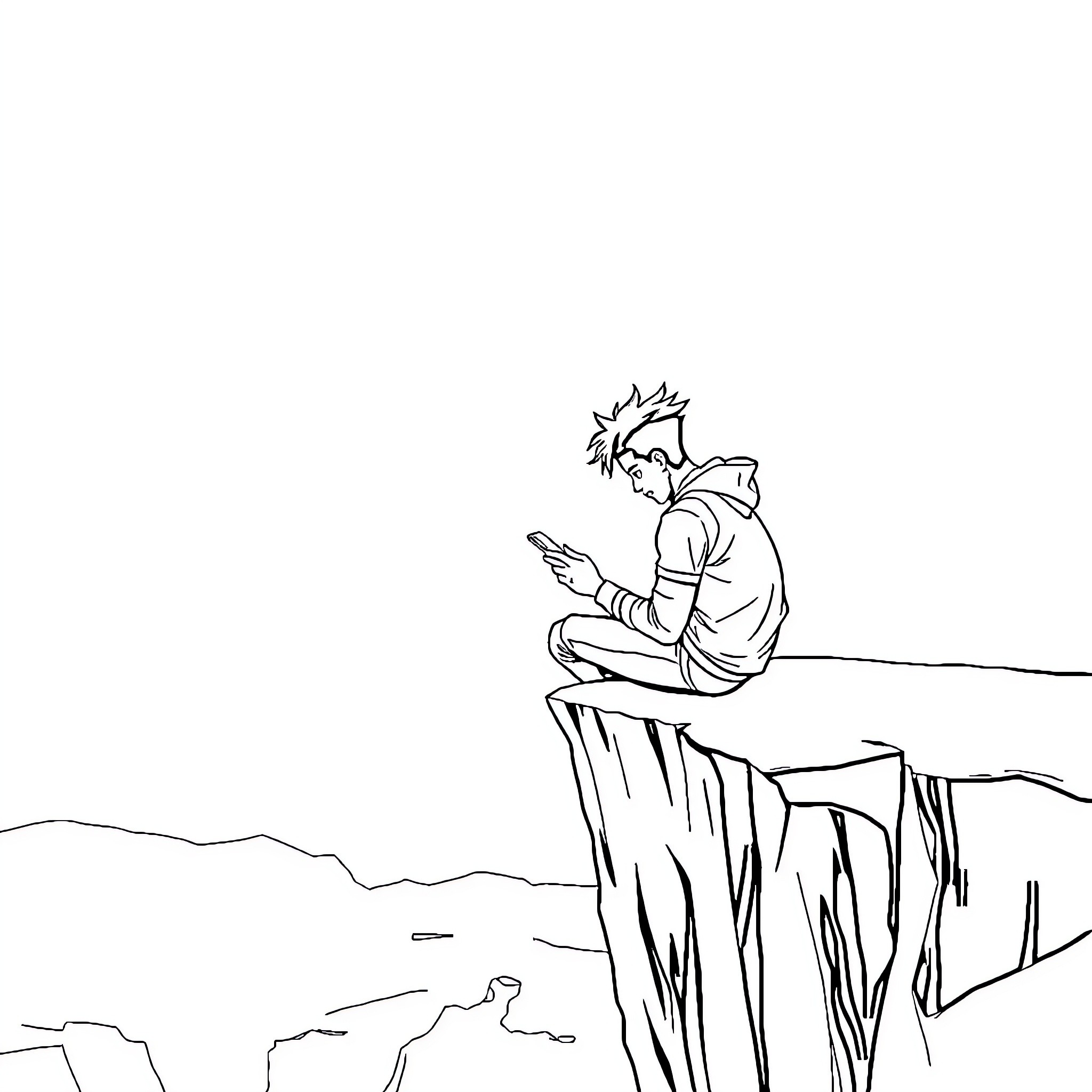 Miles Morales enjoying the view from a cliff Coloring Page (free black-and-white line drawing printable PDF for all, from beginners to advanced learners, including children, teens, adults, and seniors)
