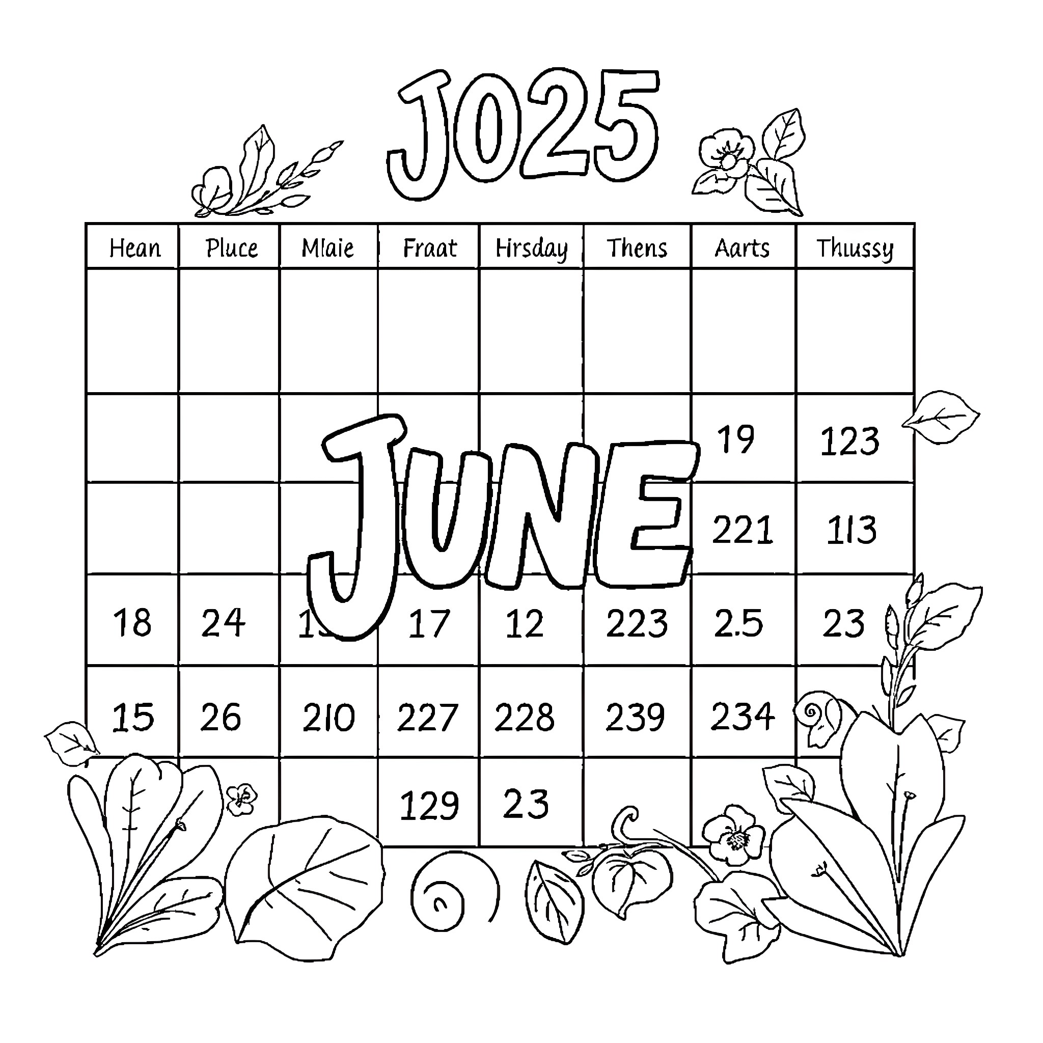 Tracker June Calendar Doodle Floral Coloring Page (free black-and-white line drawing printable PDF for all, from beginners to advanced learners, including children, teens, adults, and seniors)