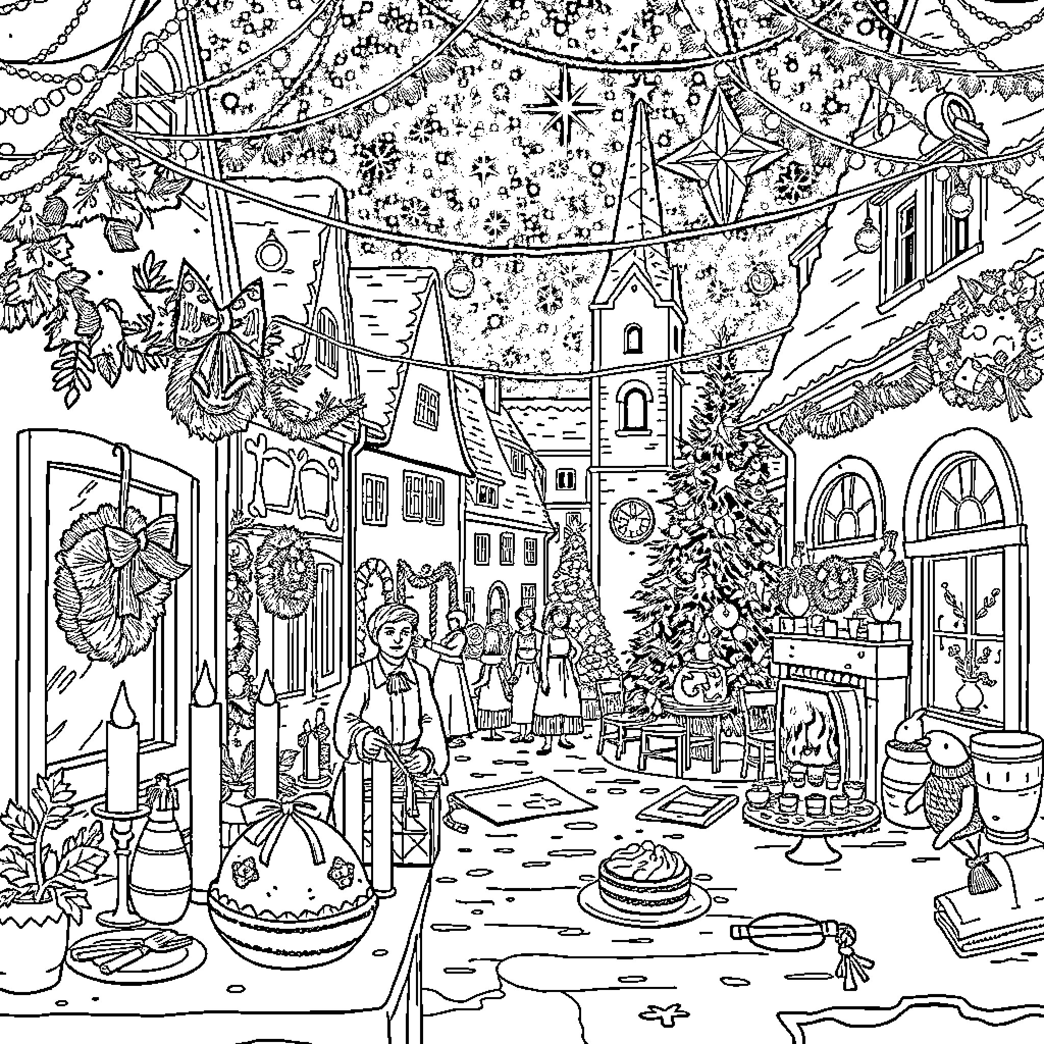 Christmas Celebration in a Festive Village Marketplace Coloring Page (free black-and-white line drawing printable PDF for all, from beginners to advanced learners, including children, teens, adults, and seniors)