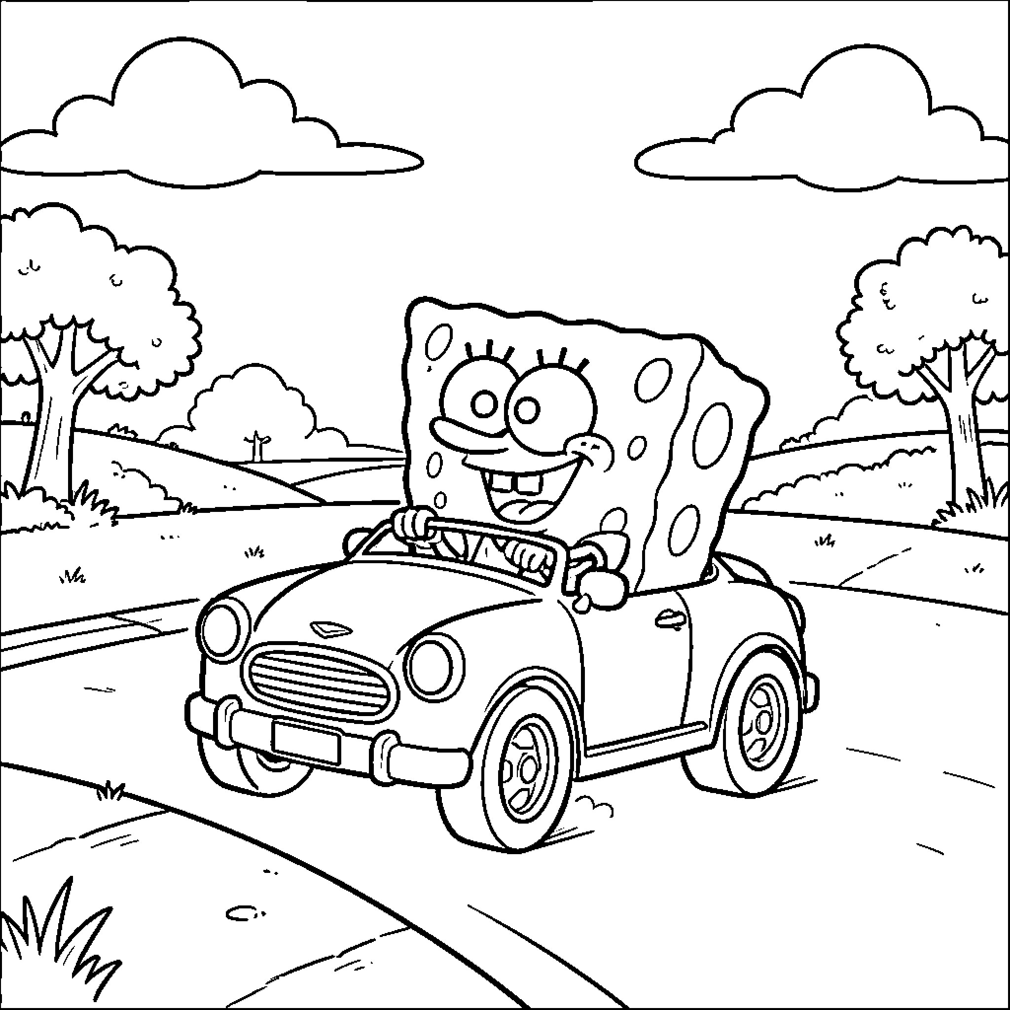 Spongebob driving a small car with a happy expression Coloring Page (free black-and-white line drawing printable PDF for all, from beginners to advanced learners, including children, teens, adults, and seniors)