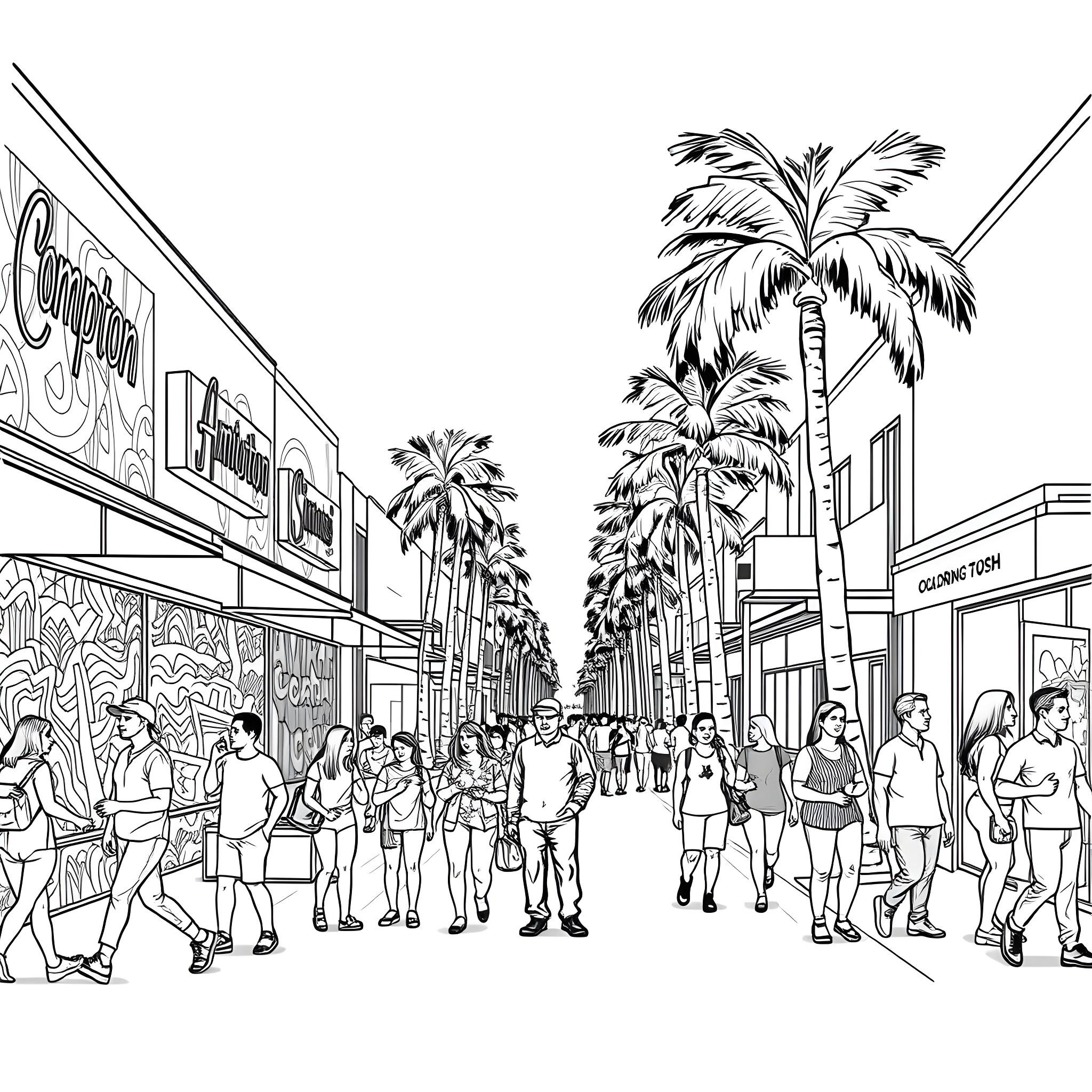 Compton street scene with palm trees and crowd Coloring Page (free black-and-white line drawing printable PDF for all, from beginners to advanced learners, including children, teens, adults, and seniors)