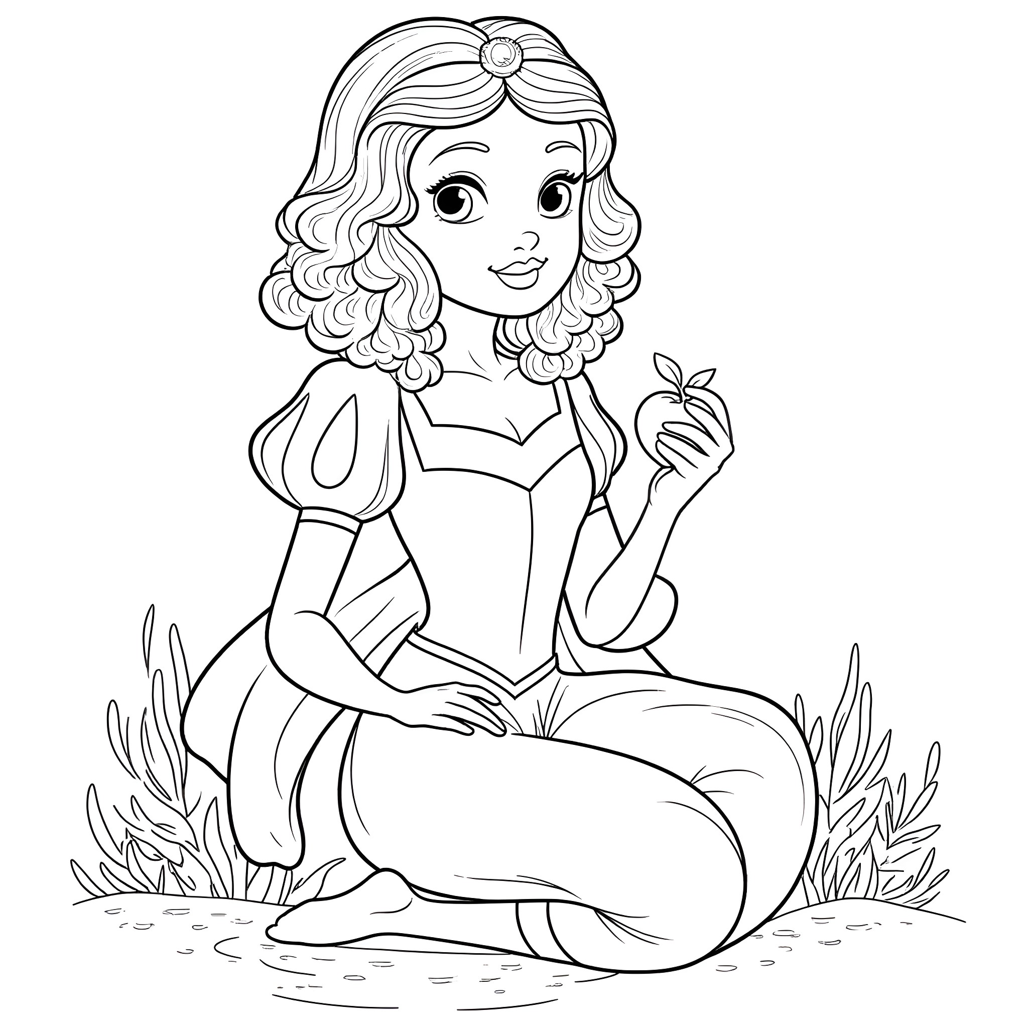 Snow White enjoying an apple in the garden Coloring Page (free black-and-white line drawing printable PDF for all, from beginners to advanced learners, including children, teens, adults, and seniors)