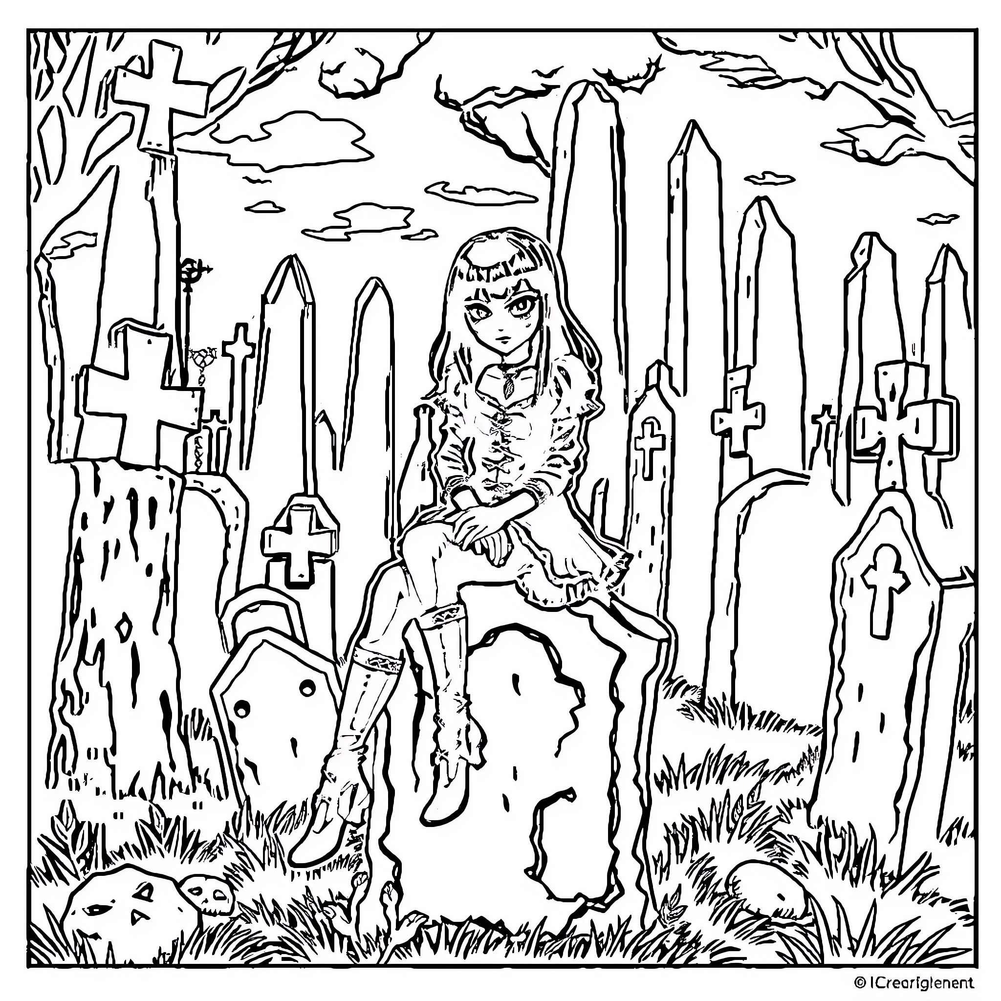 Goth Girl Sitting Amidst Gravestones in a Spooky Graveyard Coloring Page (free black-and-white line drawing printable PDF for all, from beginners to advanced learners, including children, teens, adults, and seniors)