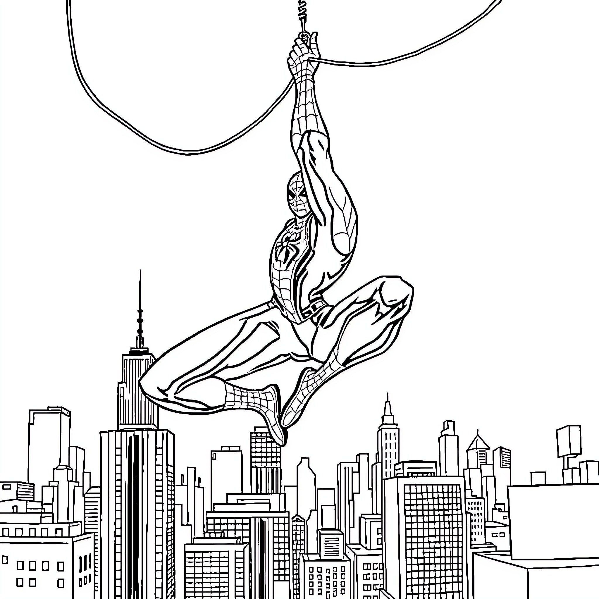 Spiderman swinging through the city skyline Coloring Page (free black-and-white line drawing printable PDF for all, from beginners to advanced learners, including children, teens, adults, and seniors)