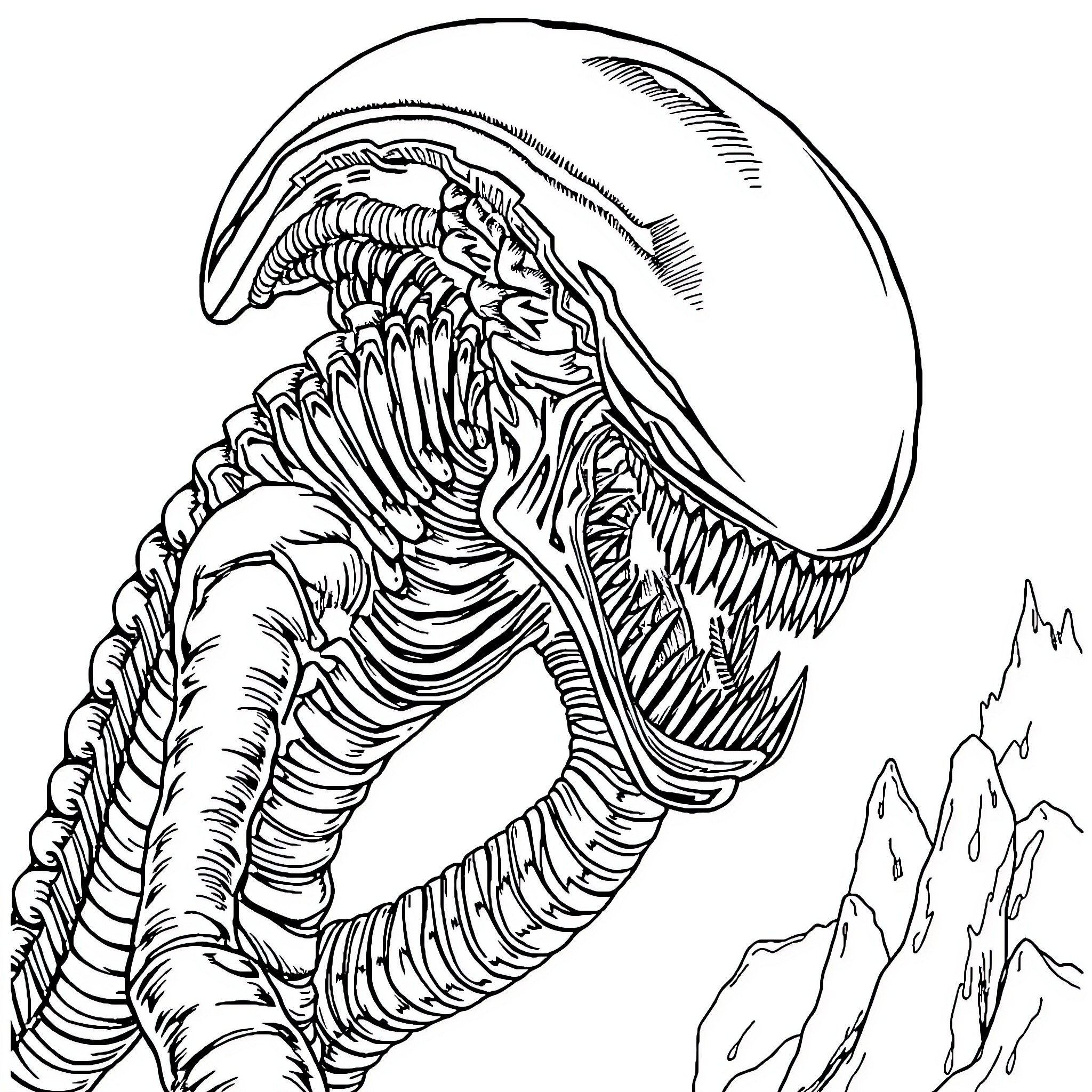 Xenomorph emerging from the shadows Coloring Page (free black-and-white line drawing printable PDF for all, from beginners to advanced learners, including children, teens, adults, and seniors)