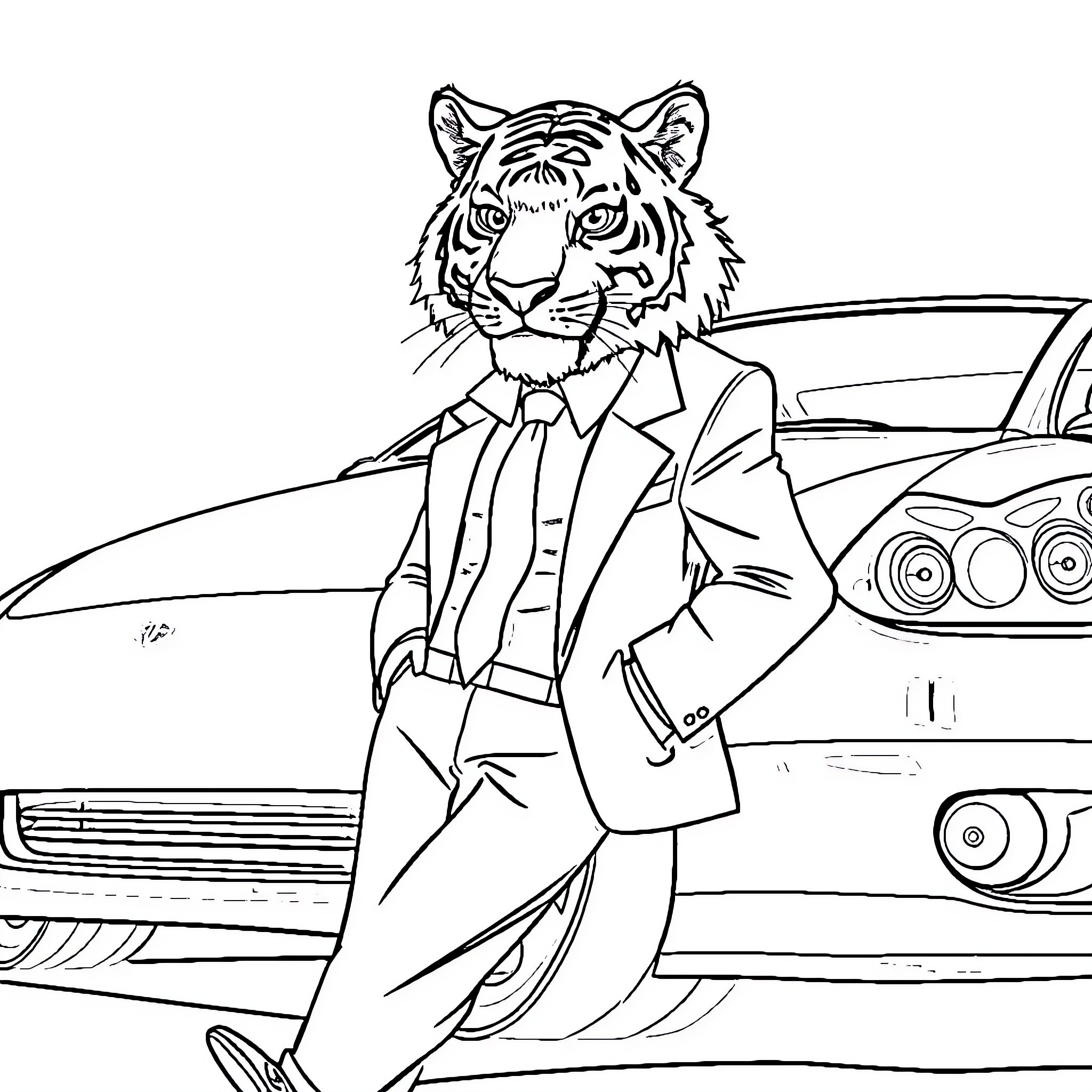 Tiger in suit standing beside car Coloring Page (free black-and-white line drawing printable PDF for all, from beginners to advanced learners, including children, teens, adults, and seniors)