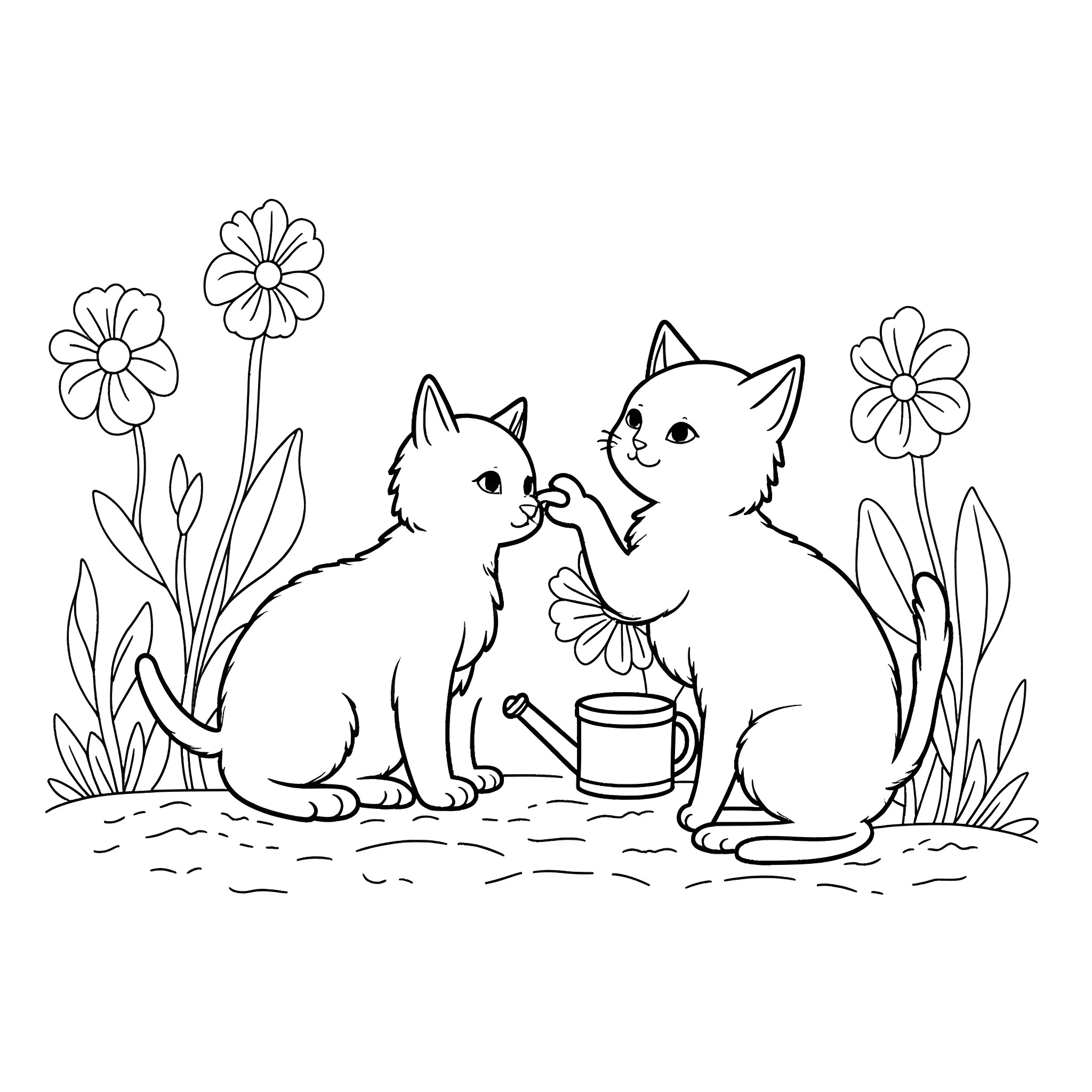 Cat Kittens Playing in the Flower Garden Coloring Page (free black-and-white line drawing printable PDF for all, from beginners to advanced learners, including children, teens, adults, and seniors)