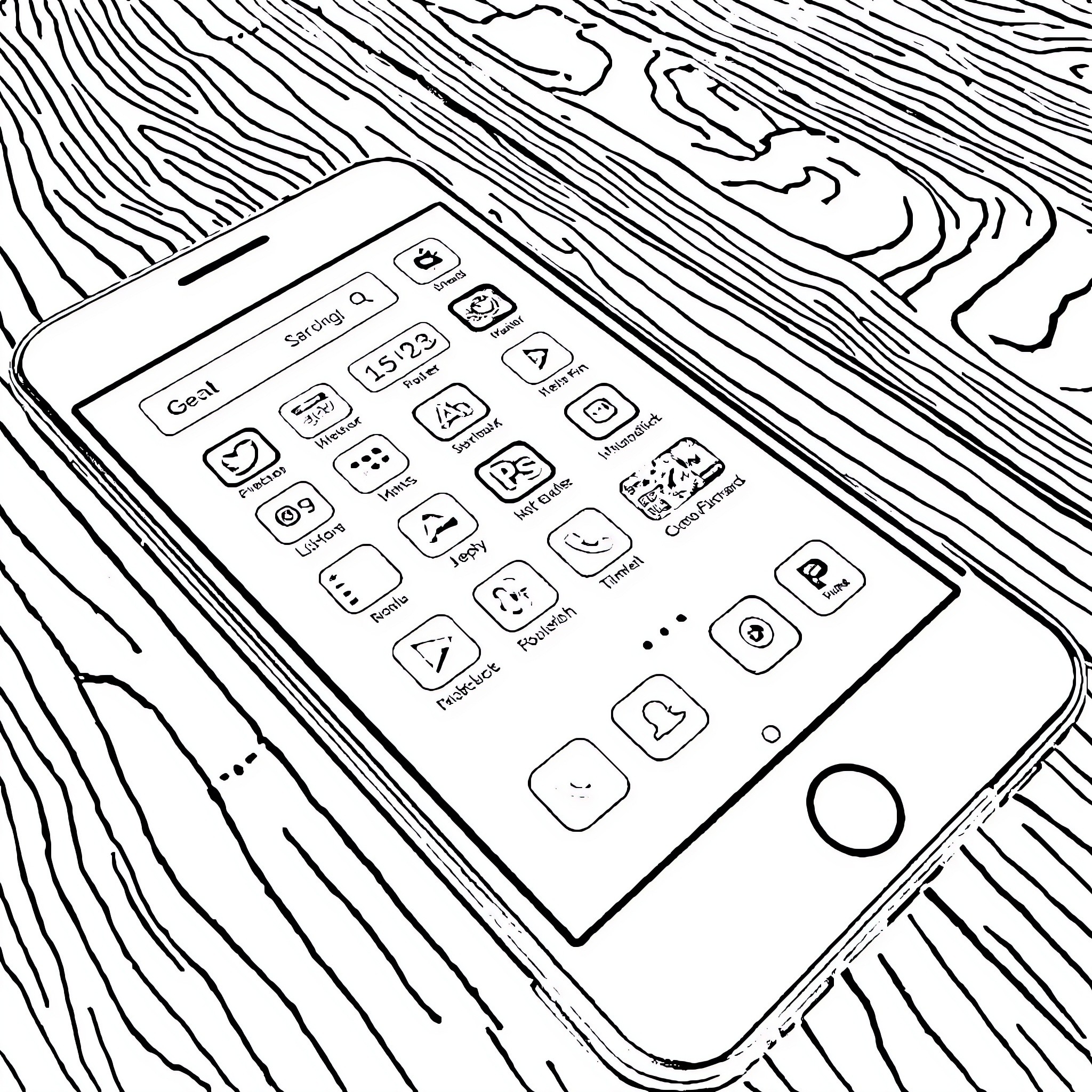 Android Device with App Icons on Wooden Surface Coloring Page (free black-and-white line drawing printable PDF for all, from beginners to advanced learners, including children, teens, adults, and seniors)