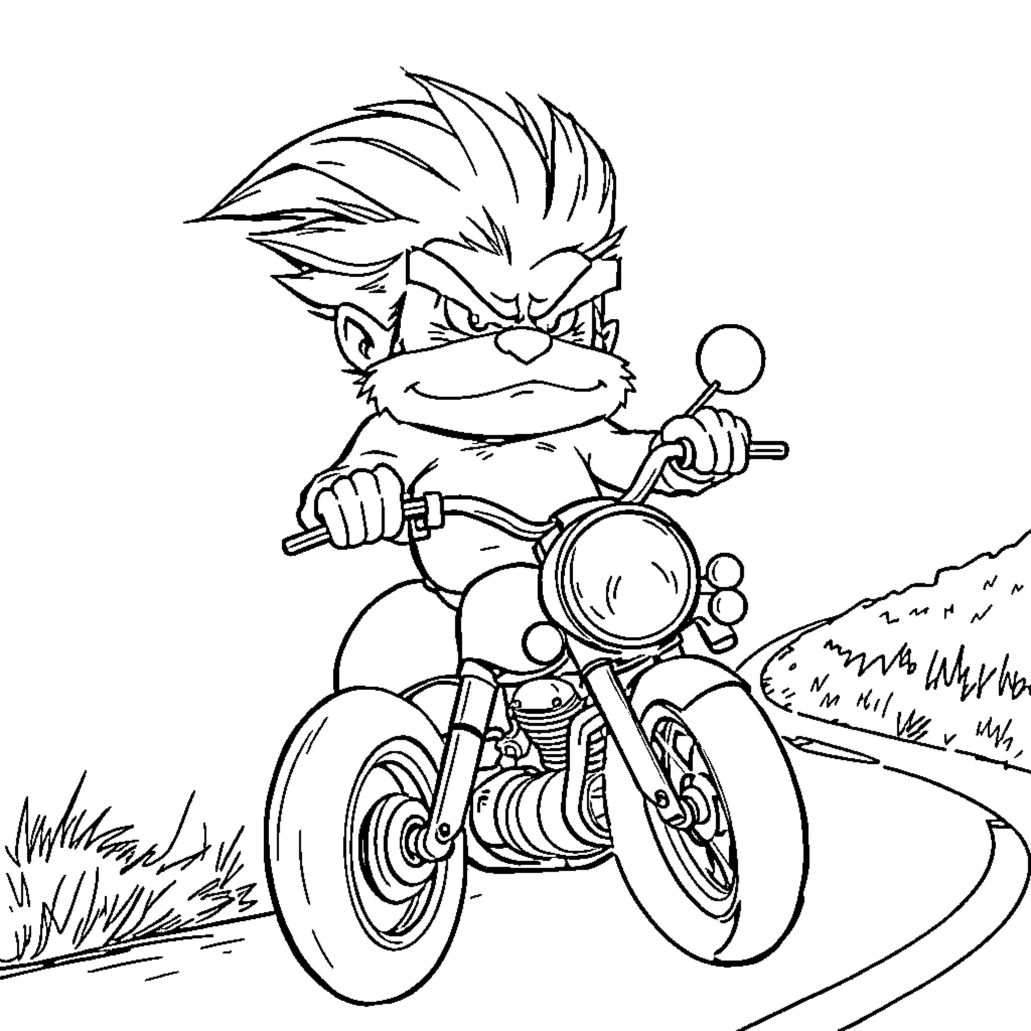 Grumpy biker riding motorcycle on dirt road Coloring Page (free black-and-white line drawing printable PDF for all, from beginners to advanced learners, including children, teens, adults, and seniors)