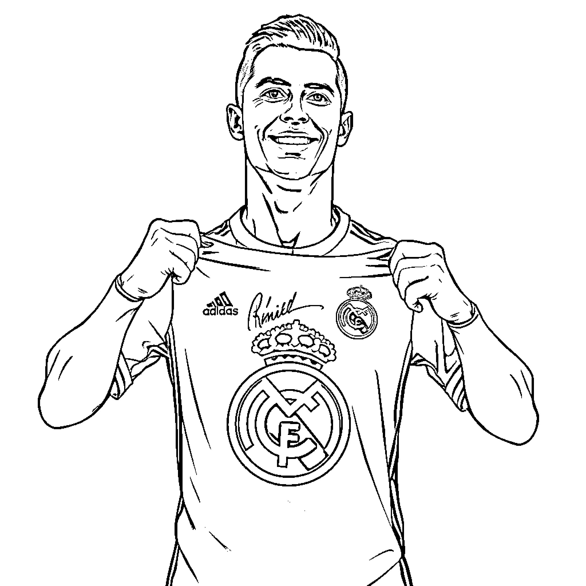 Cristiano Ronaldo in Real Madrid uniform Coloring Page (free black-and-white line drawing printable PDF for all, from beginners to advanced learners, including children, teens, adults, and seniors)