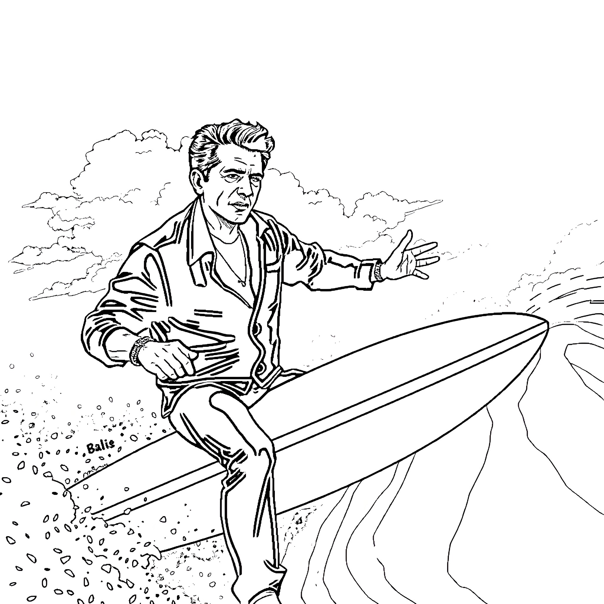 Johnny Cash surfing on the waves Coloring Page (free black-and-white line drawing printable PDF for all, from beginners to advanced learners, including children, teens, adults, and seniors)