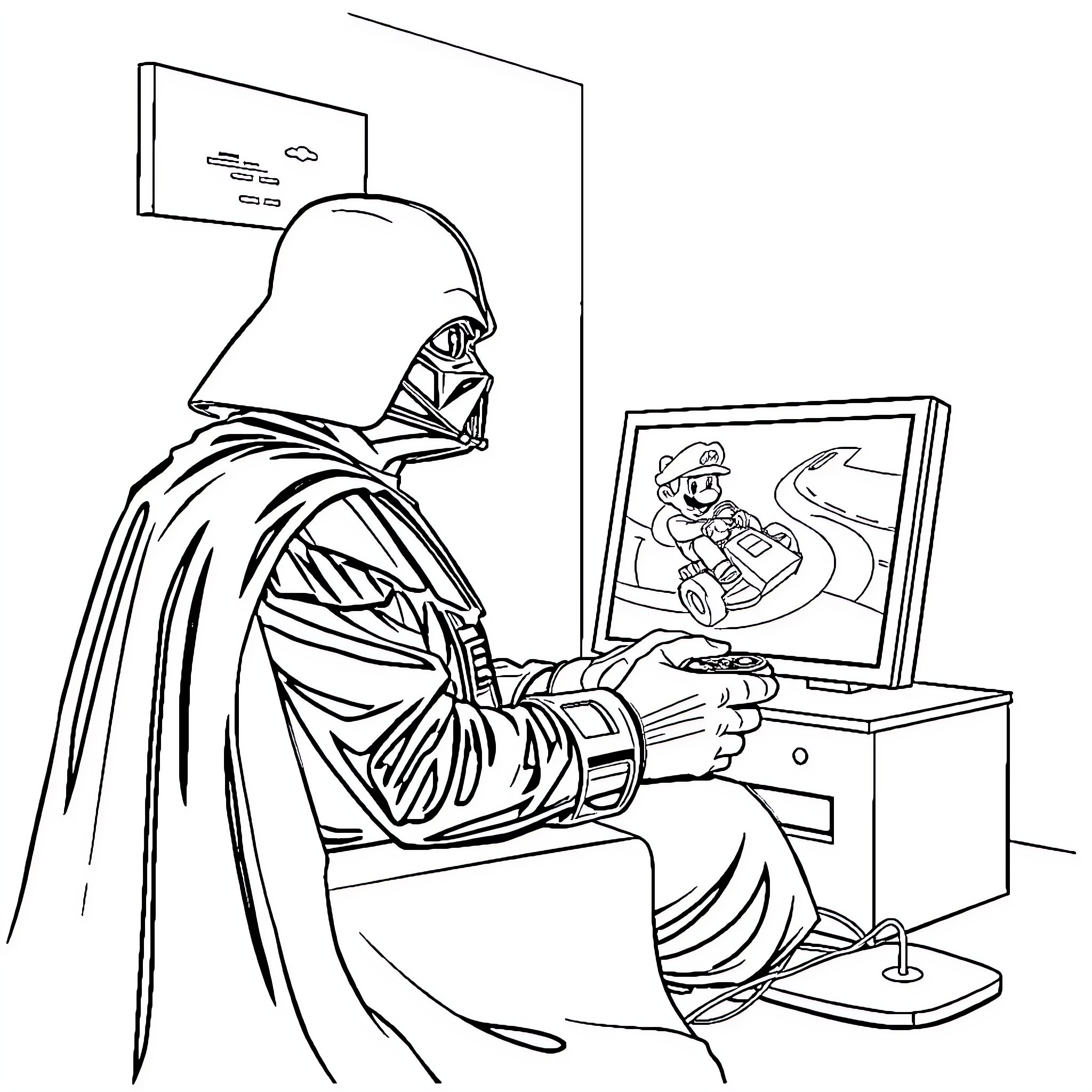 Darth Vader watching a gaming video Coloring Page (free black-and-white line drawing printable PDF for all, from beginners to advanced learners, including children, teens, adults, and seniors)