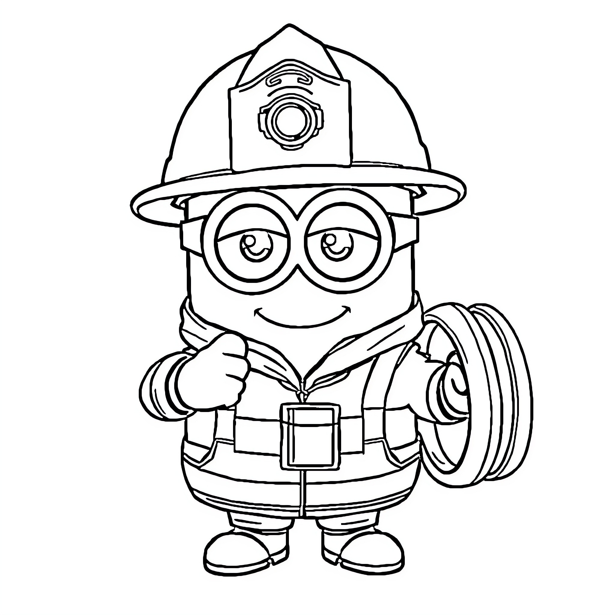 Minion firefighter in uniform holding hose Coloring Page (free black-and-white line drawing printable PDF for all, from beginners to advanced learners, including children, teens, adults, and seniors)